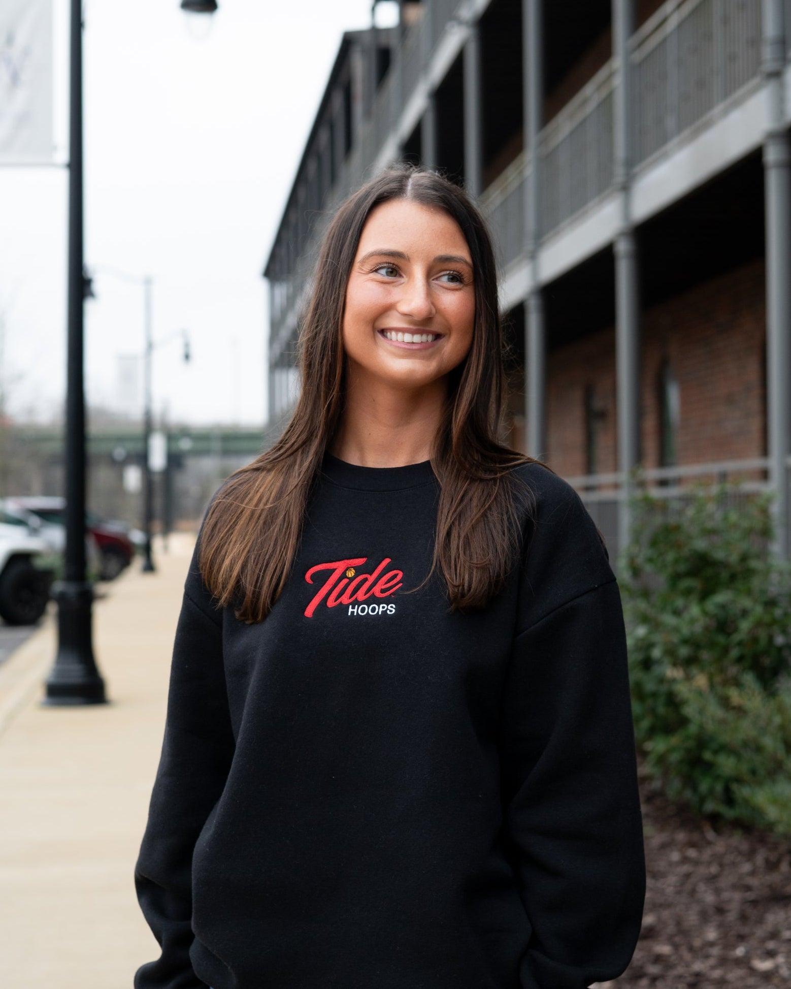 University of Alabama Black Ladies Crewneck with the Tide Hoops logo embroidery