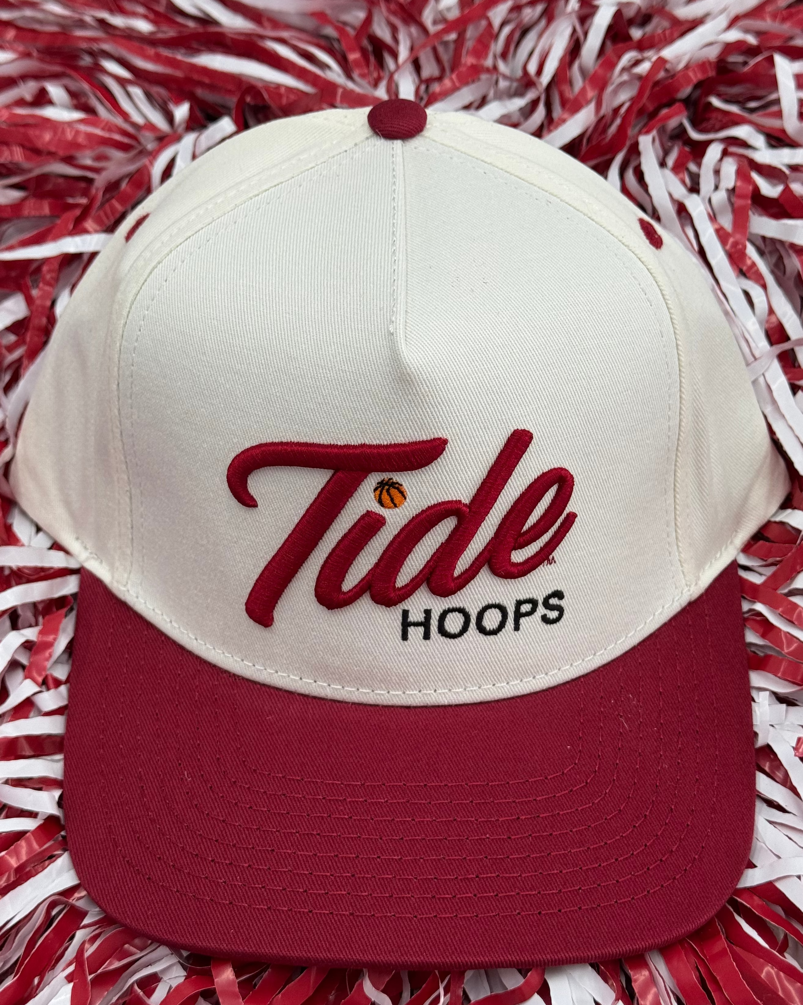 University of Alabama Cream and Red Hat featuring Red script "Tide" and Black "Hoops" embroidery