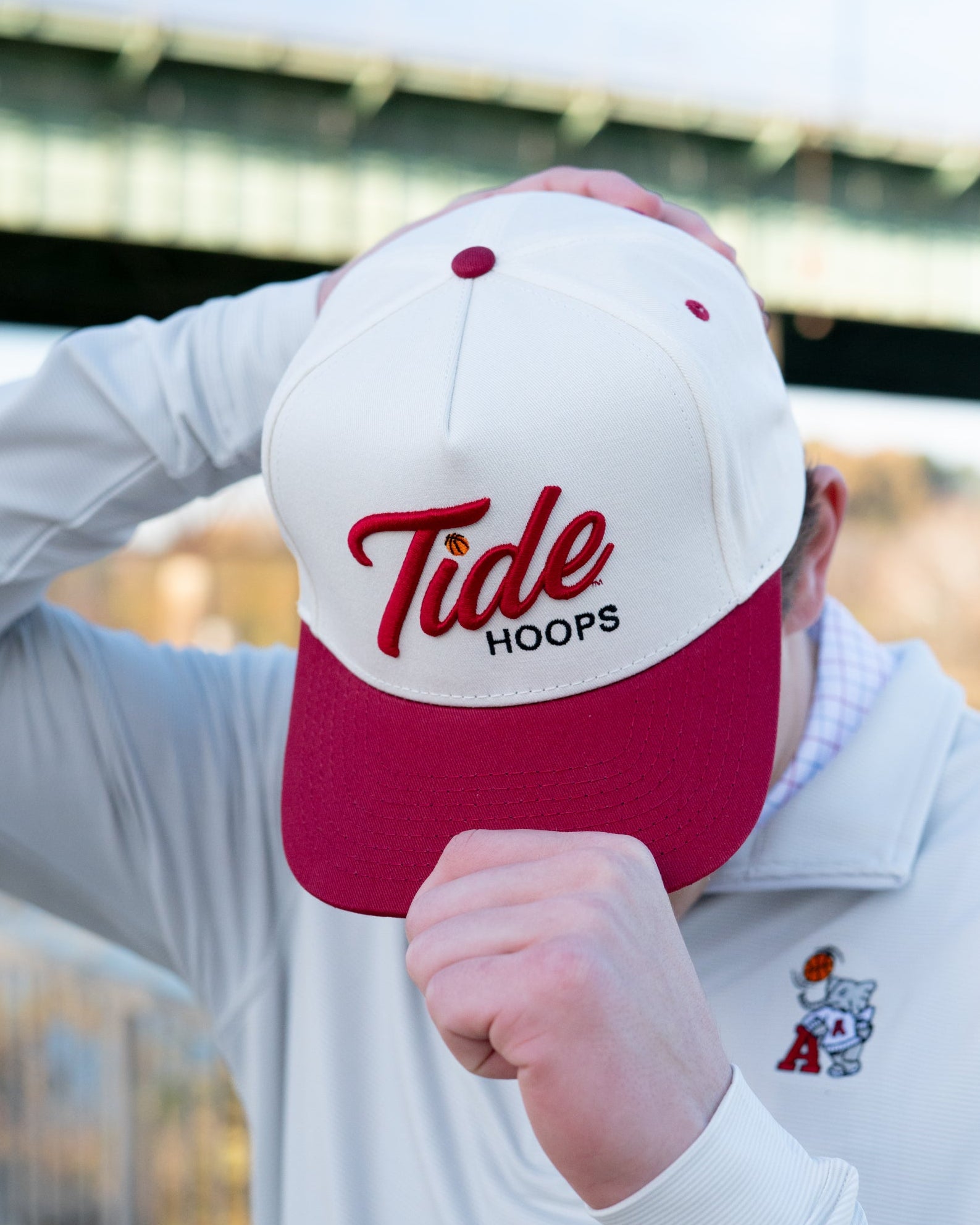 University of Alabama Cream and Red Hat featuring Red script "Tide" and Black "Hoops" embroidery