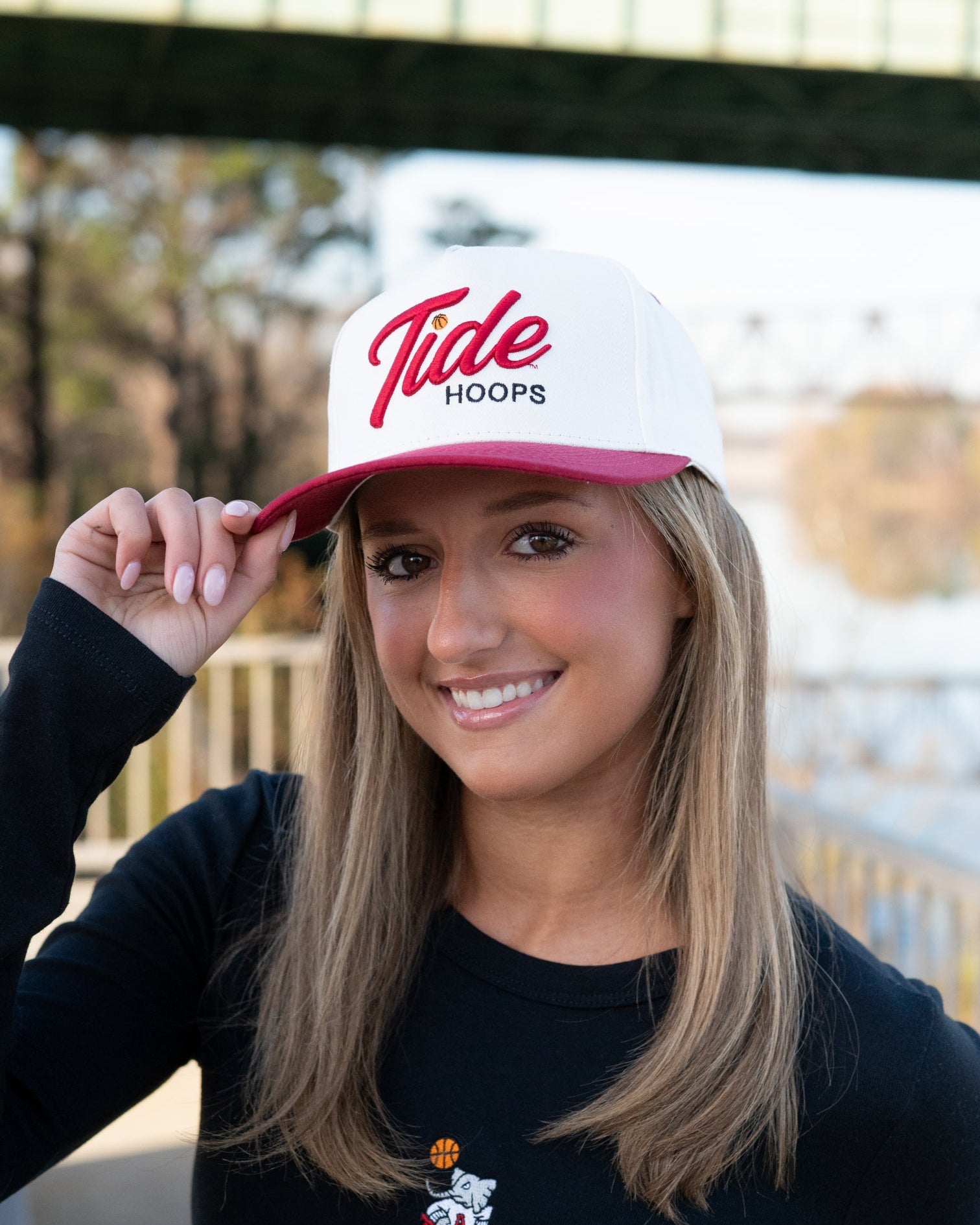 University of Alabama Cream and Red Hat featuring Red script "Tide" and Black "Hoops" embroidery
