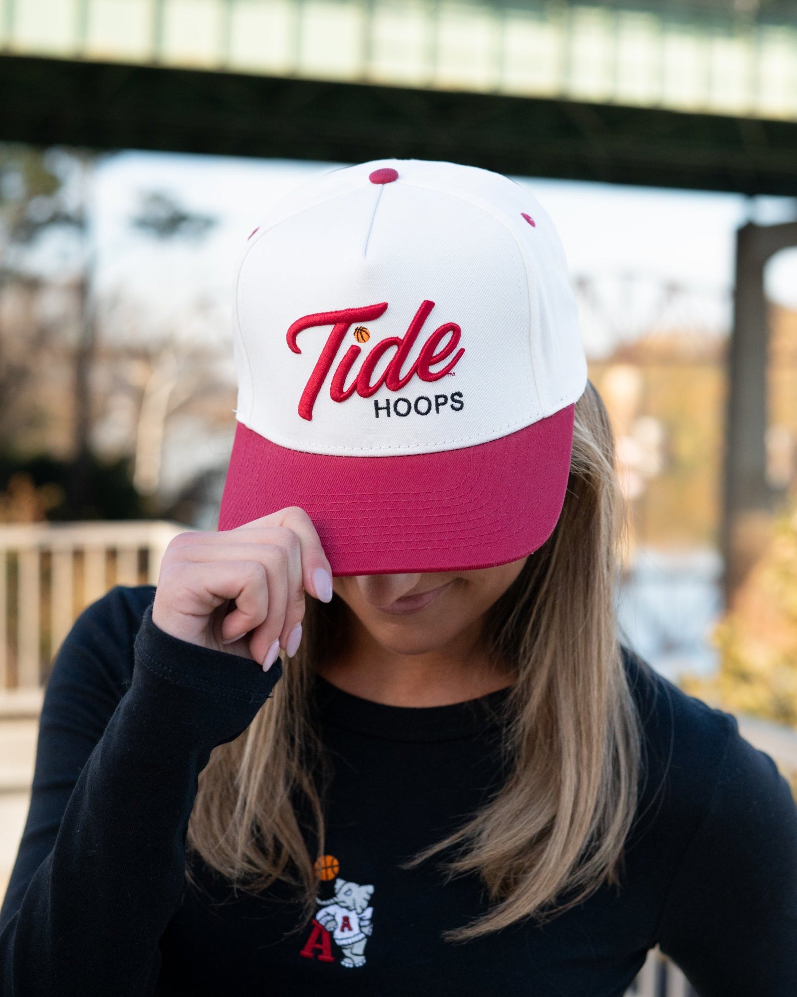 University of Alabama Cream and Red Hat featuring Red script "Tide" and Black "Hoops" embroidery