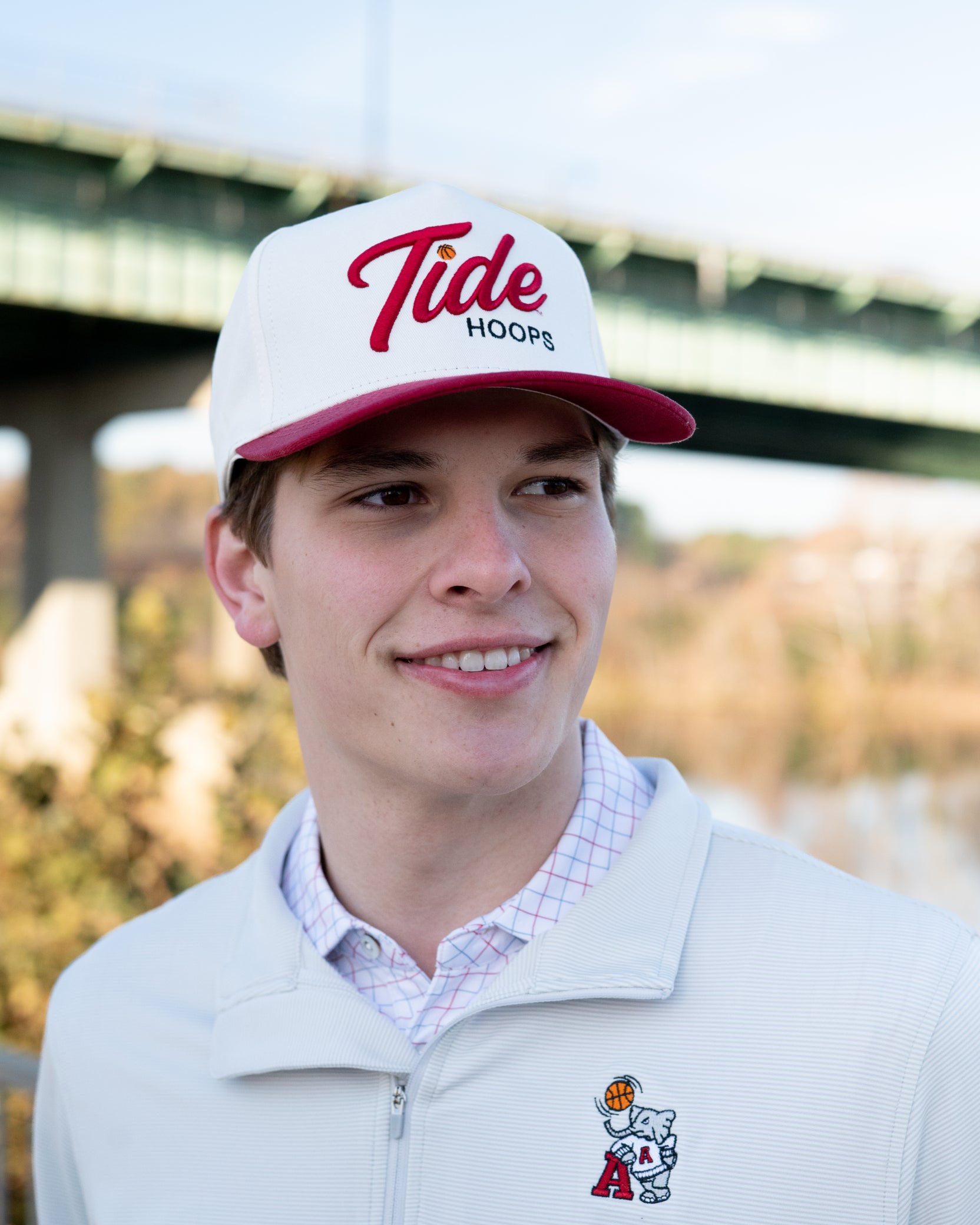 University of Alabama Cream and Red Hat featuring Red script "Tide" and Black "Hoops" embroidery