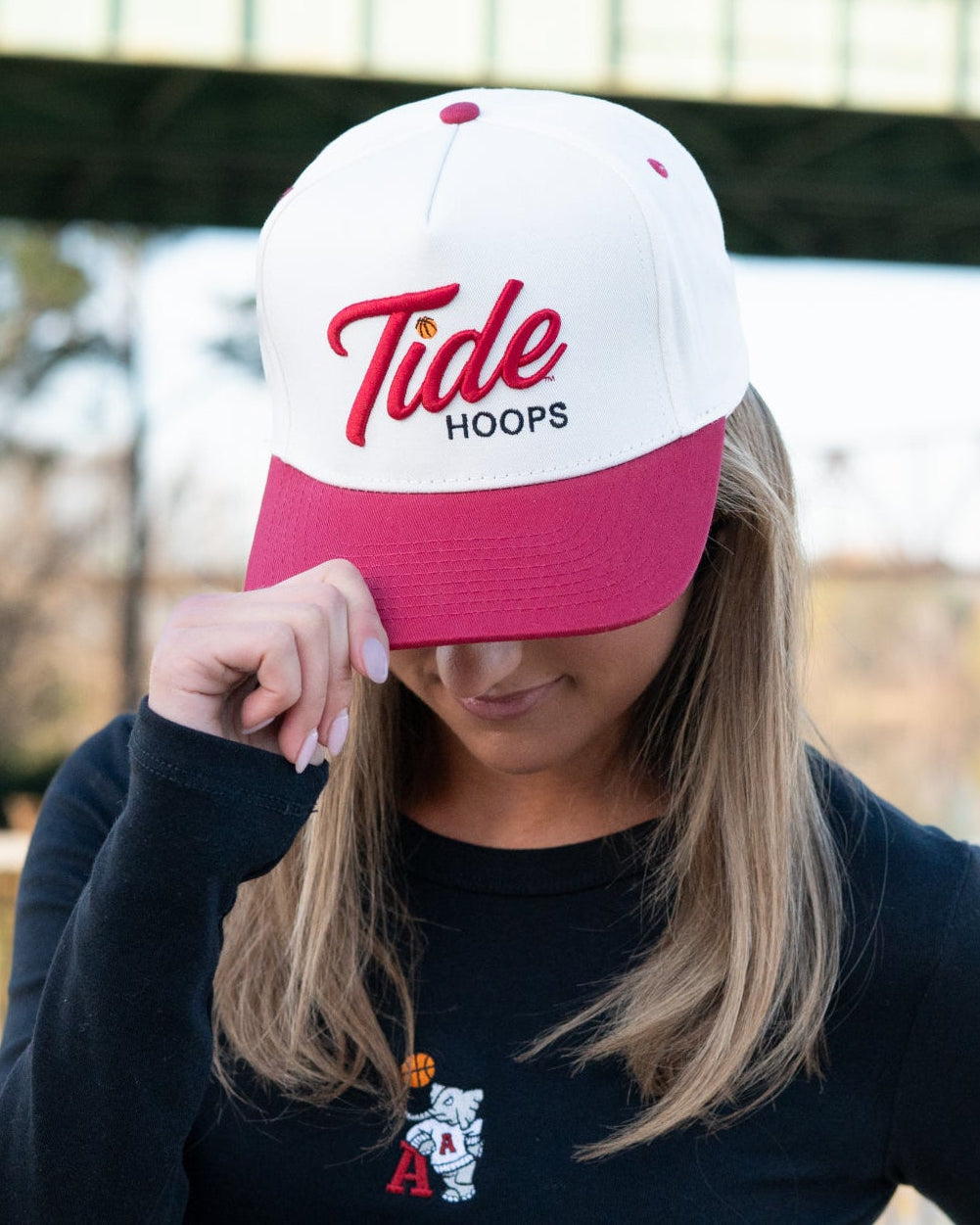 University of Alabama Cream and Red Hat featuring Red script "Tide" and Black "Hoops" embroidery