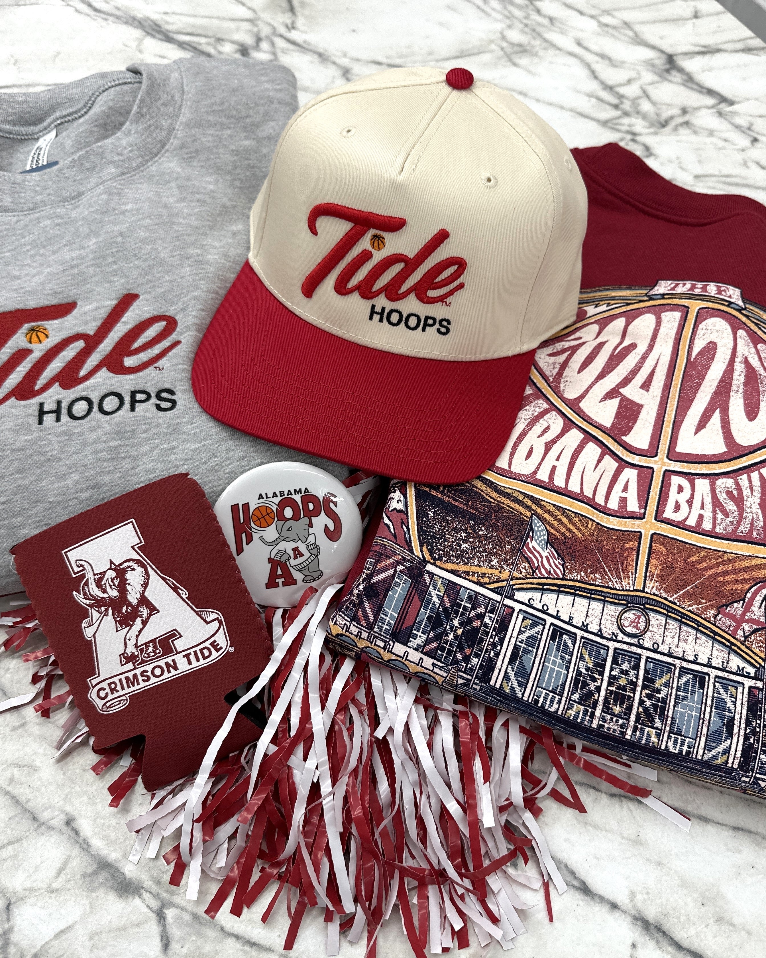 University of Alabama Cream and Red Hat featuring Red script "Tide" and Black "Hoops" embroidery