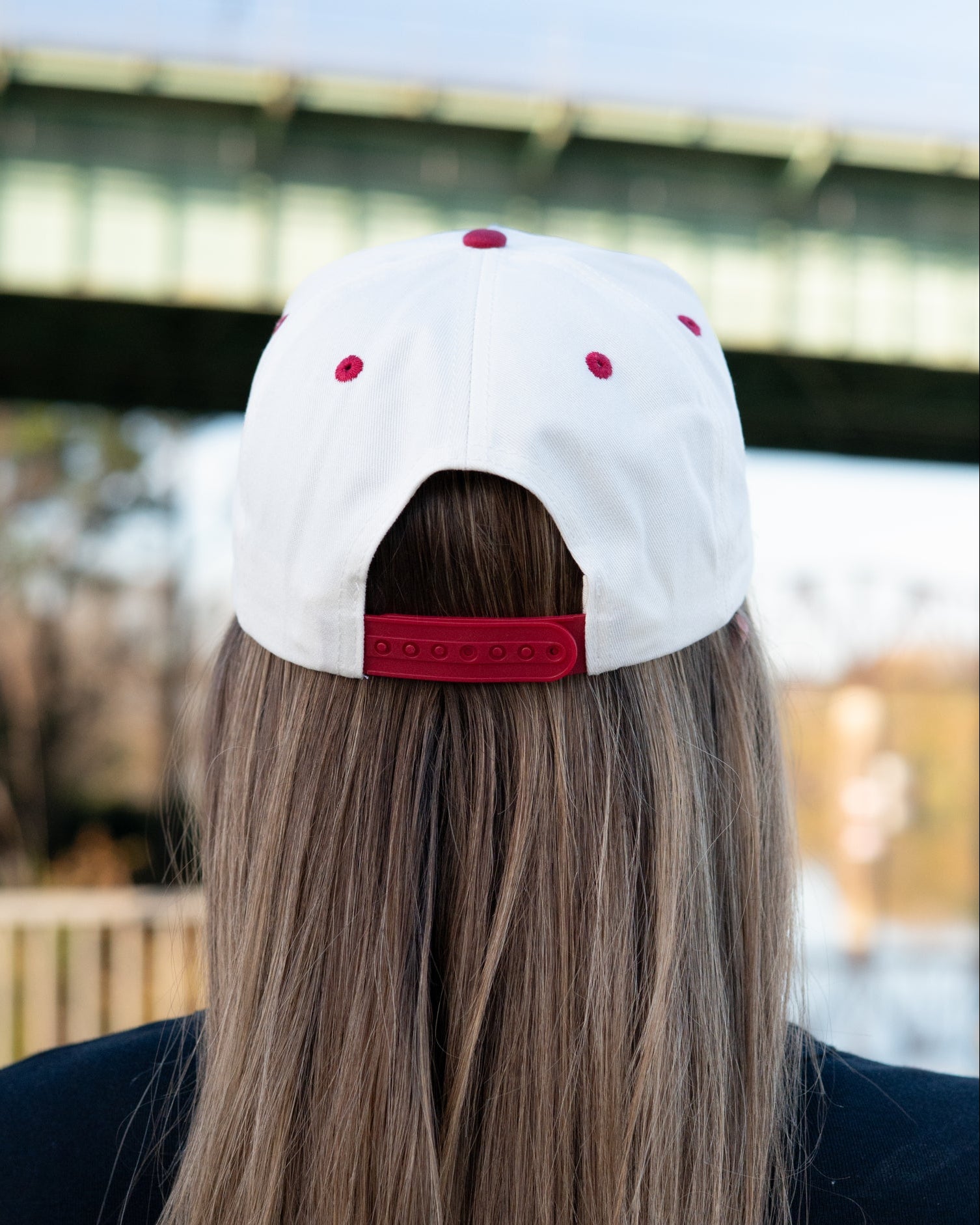 University of Alabama Cream and Red Snapback Hat featuring Red script "Tide" and Black "Hoops" embroidery