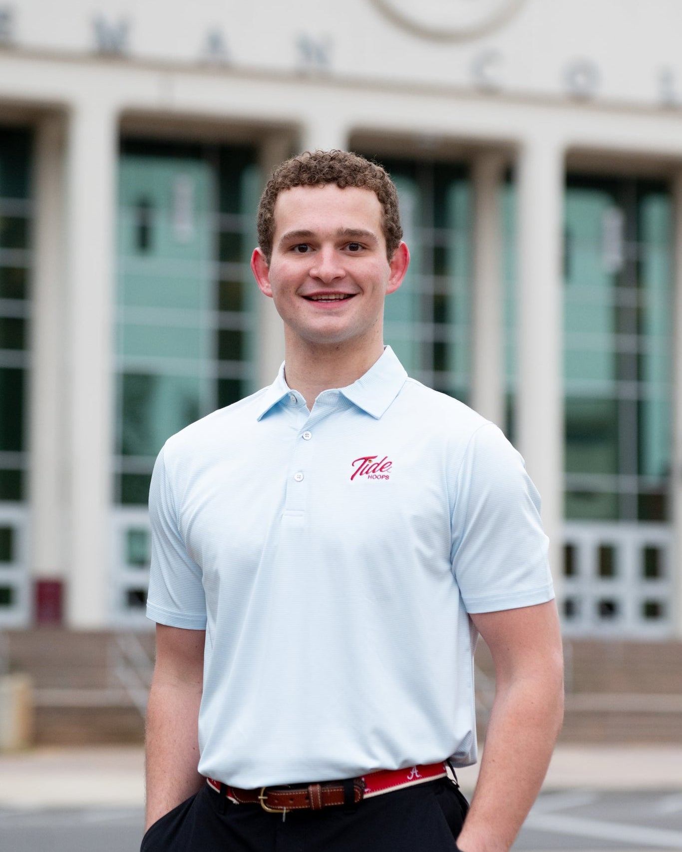 University of Alabama Men’s Light Blue Stripe Polo with the Tide Hoops Logo embroidered on the chest