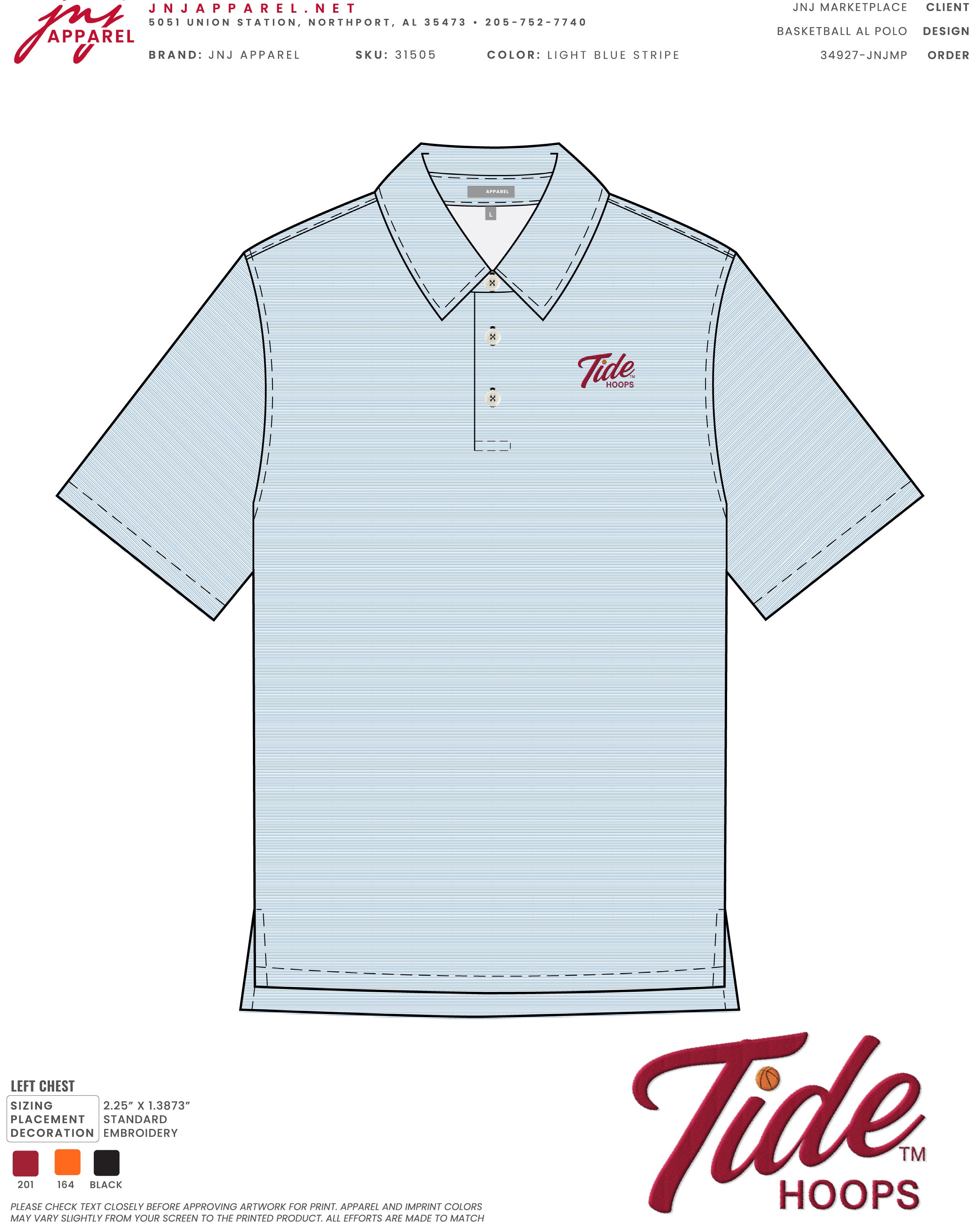University of Alabama Men’s Light Blue Stripe Polo with the Tide Hoops Logo embroidered on the chest