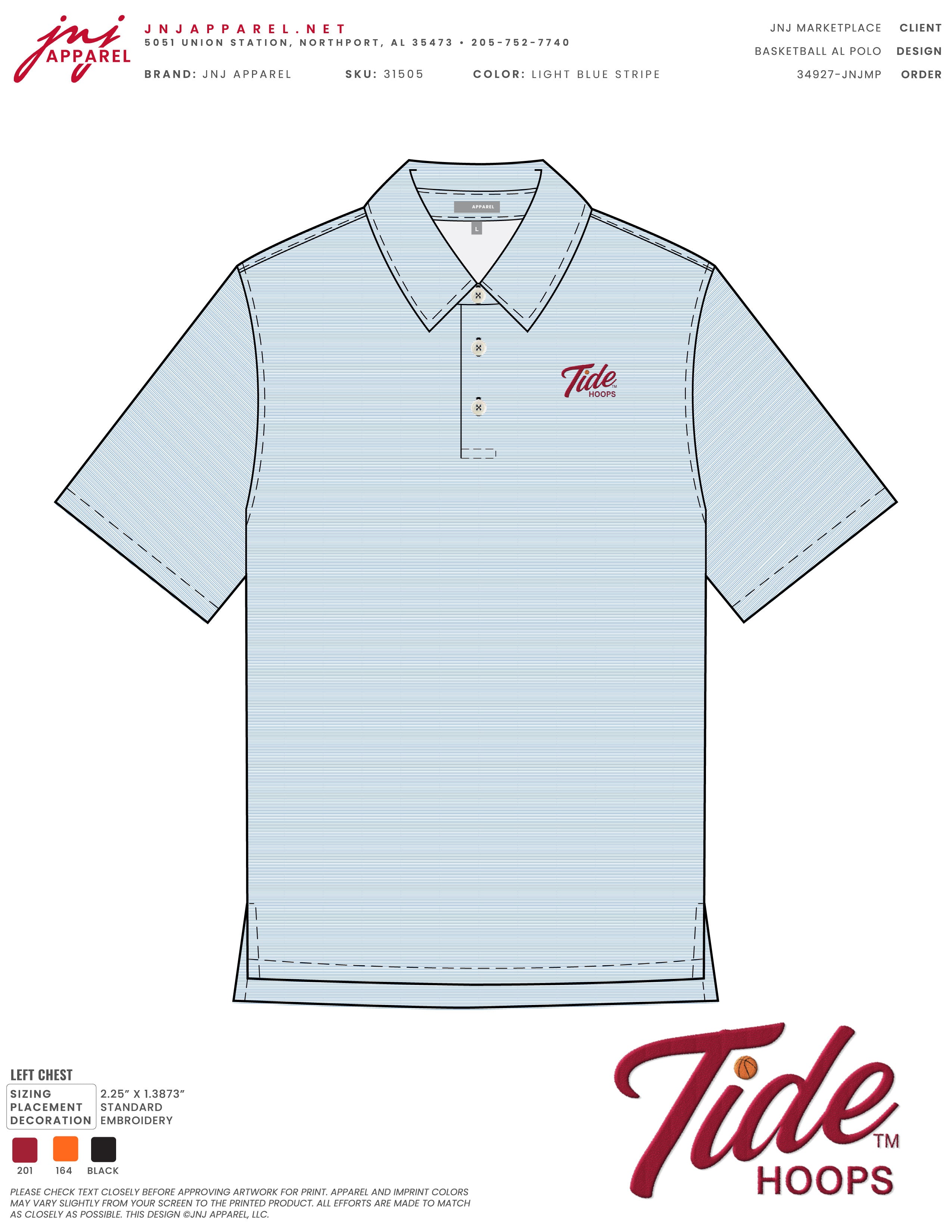 University of Alabama Men’s Light Blue Stripe Polo with the Tide Hoops Logo embroidered on the chest