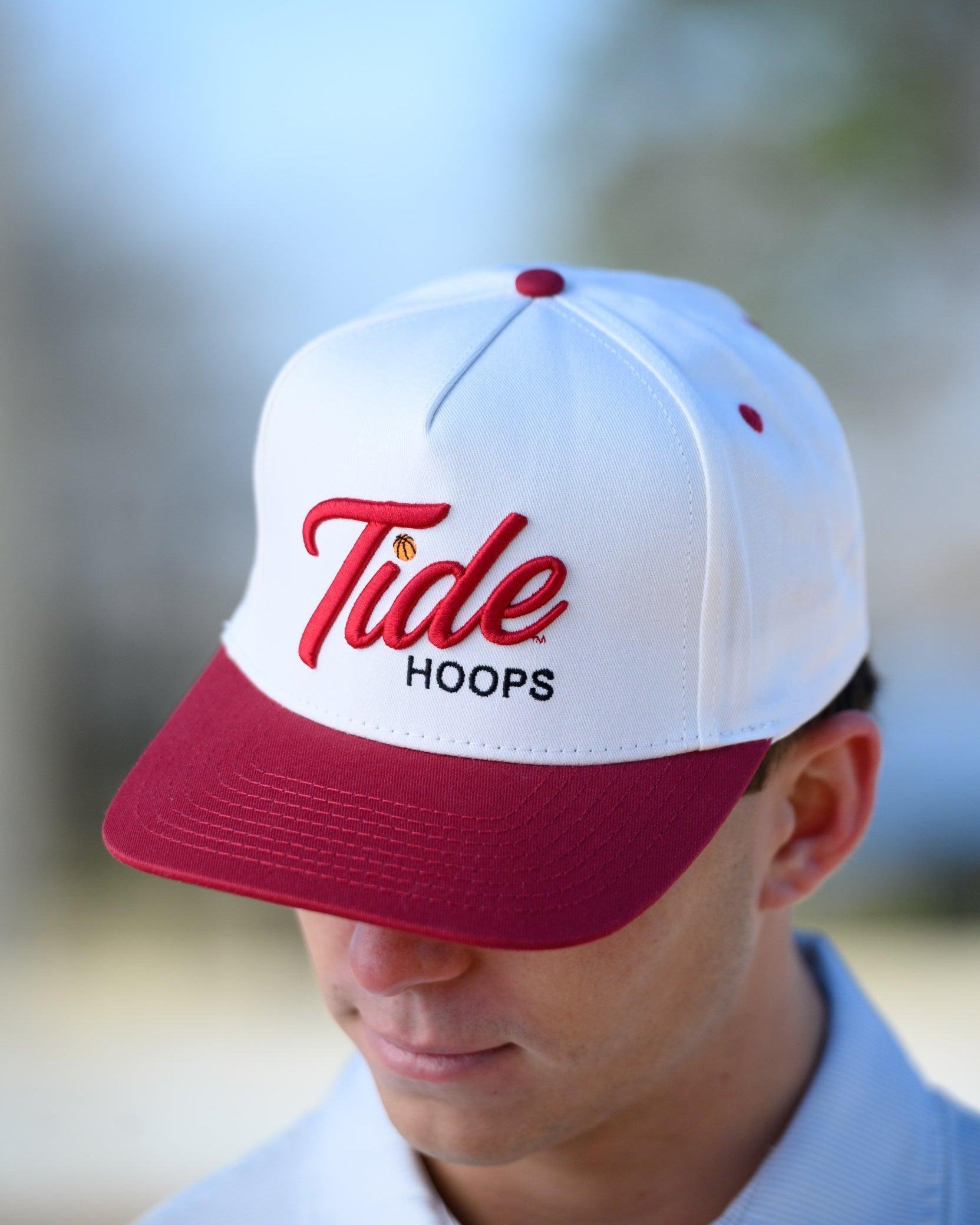 University of Alabama Cream and Red Hat featuring Red script "Tide" and Black "Hoops" embroidery