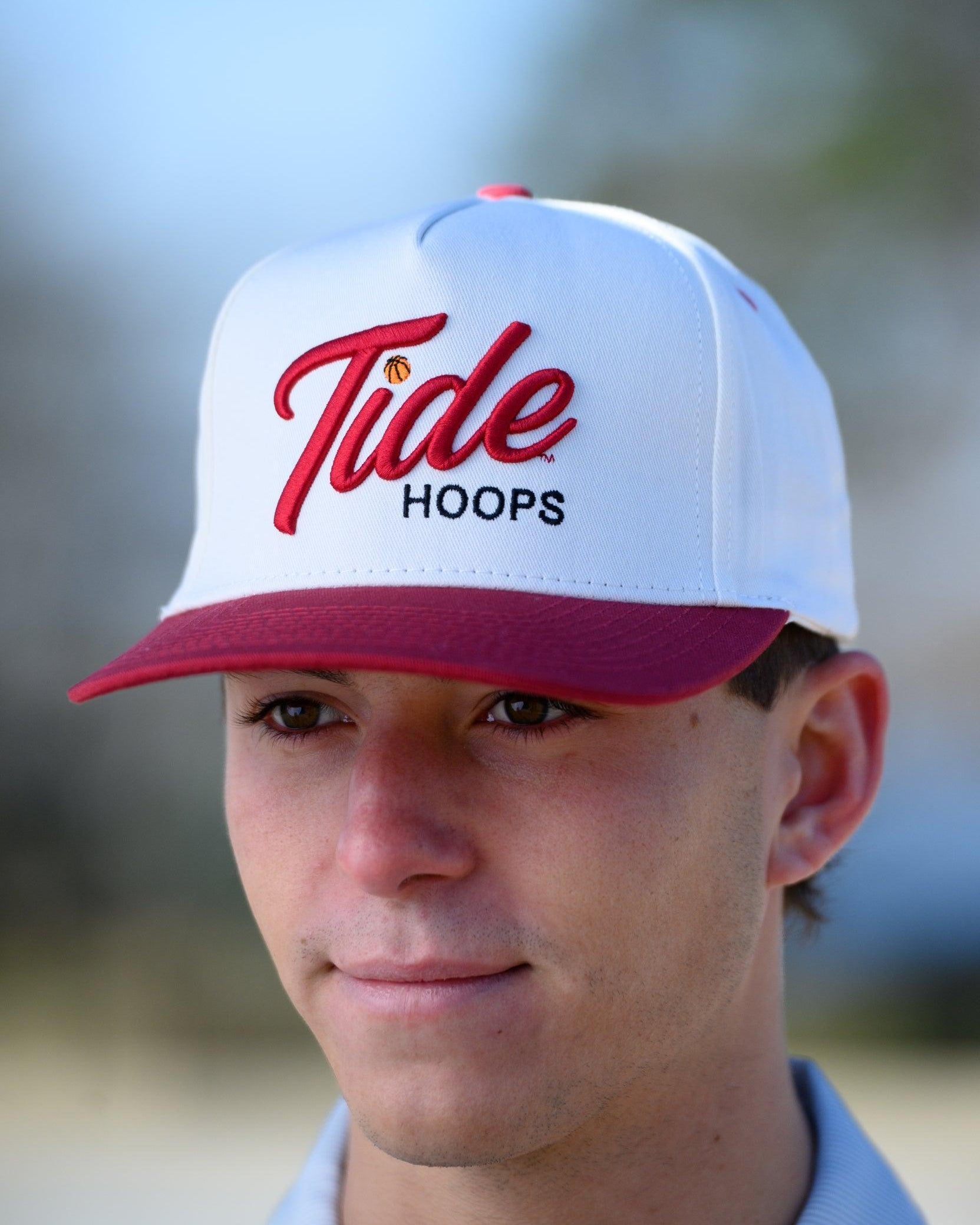 University of Alabama Cream and Red Hat featuring Red script "Tide" and Black "Hoops" embroidery