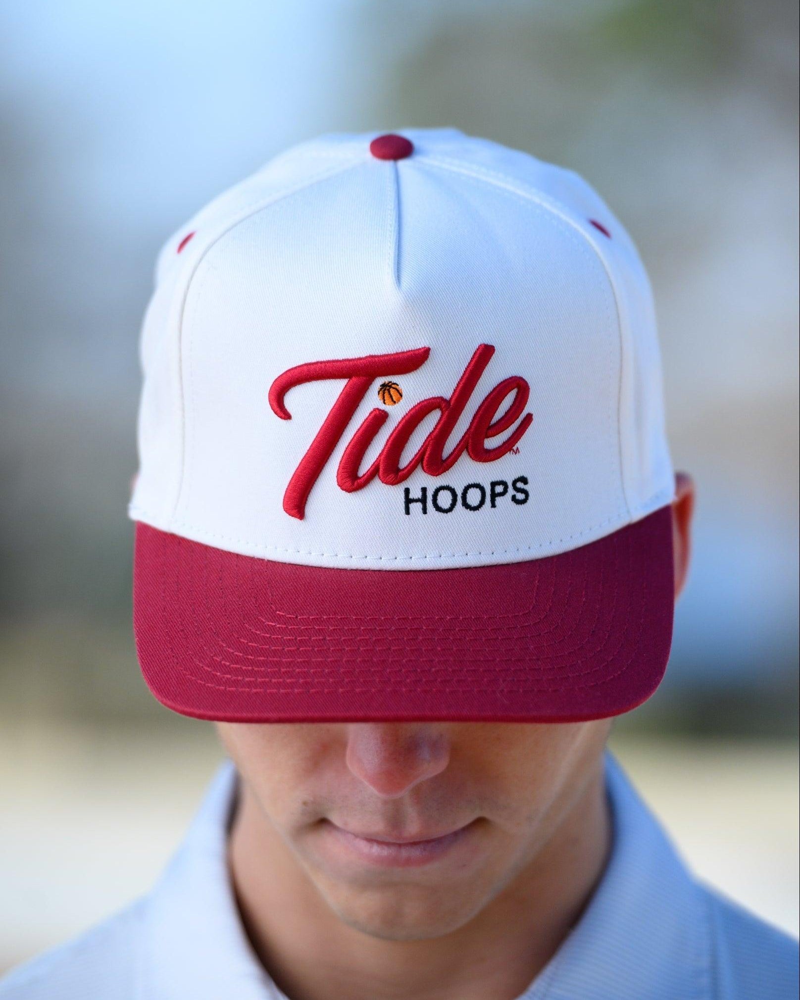 University of Alabama Cream and Red Hat featuring Red script "Tide" and Black "Hoops" embroidery