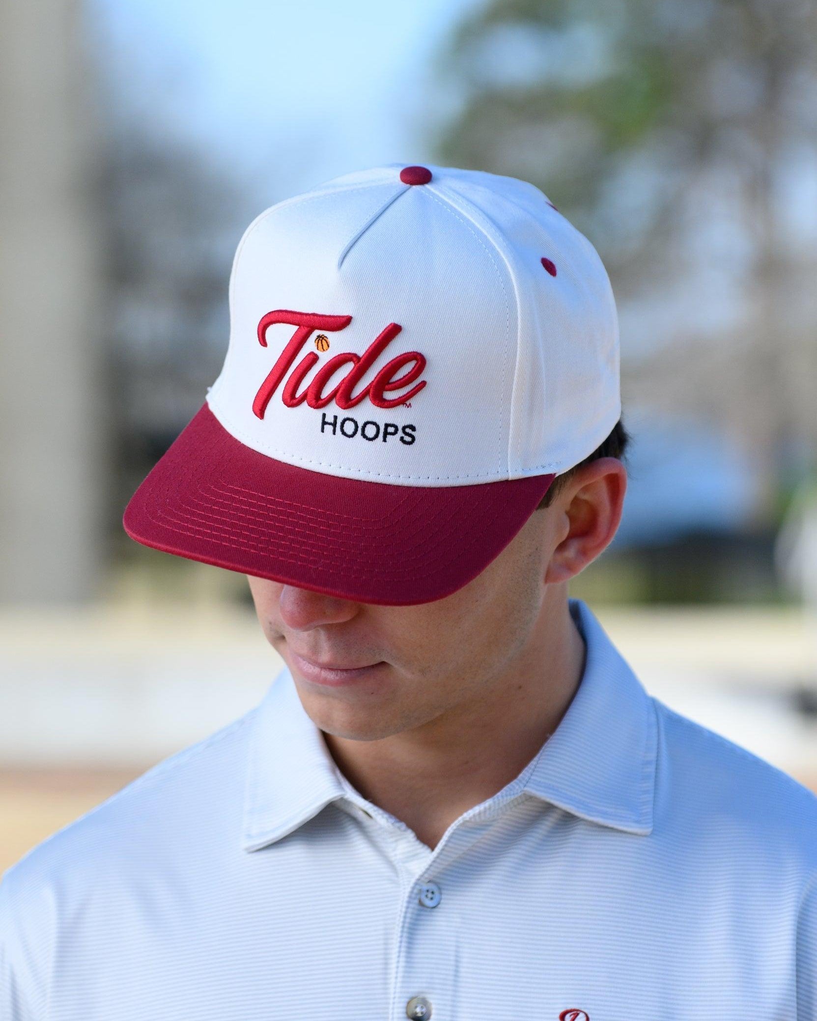 University of Alabama Cream and Red Hat featuring Red script "Tide" and Black "Hoops" embroidery
