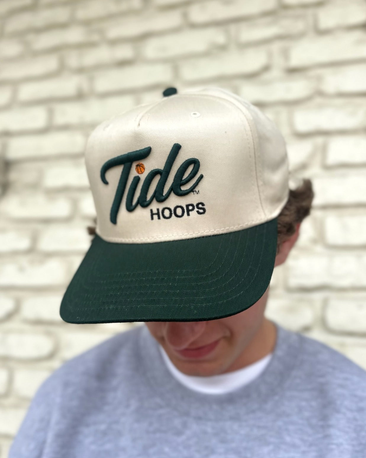 University of Alabama Cream and Green Hat featuring Green script "Tide" and Black "Hoops" embroidery