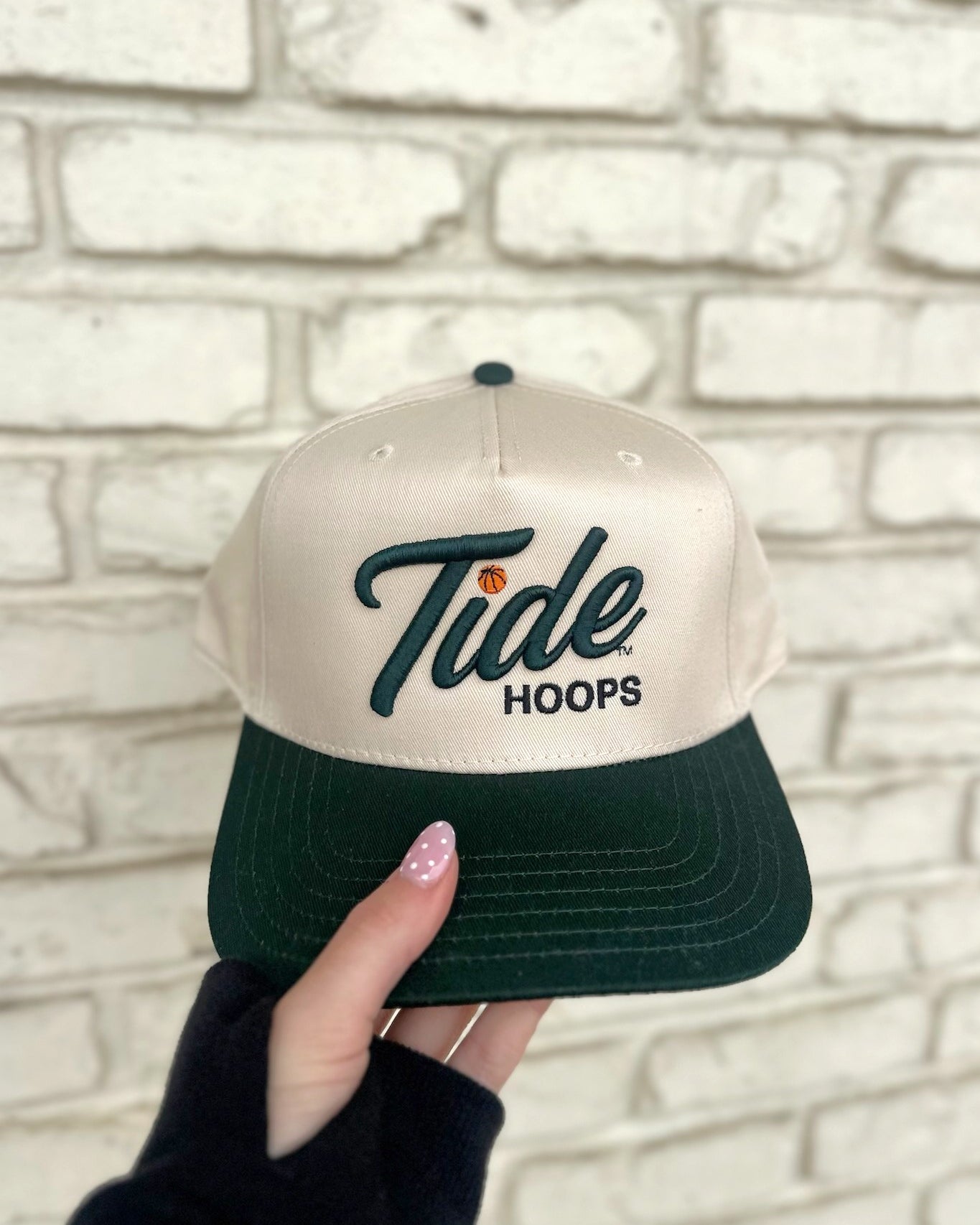 University of Alabama Cream and Green Hat featuring Green script "Tide" and Black "Hoops" embroidery