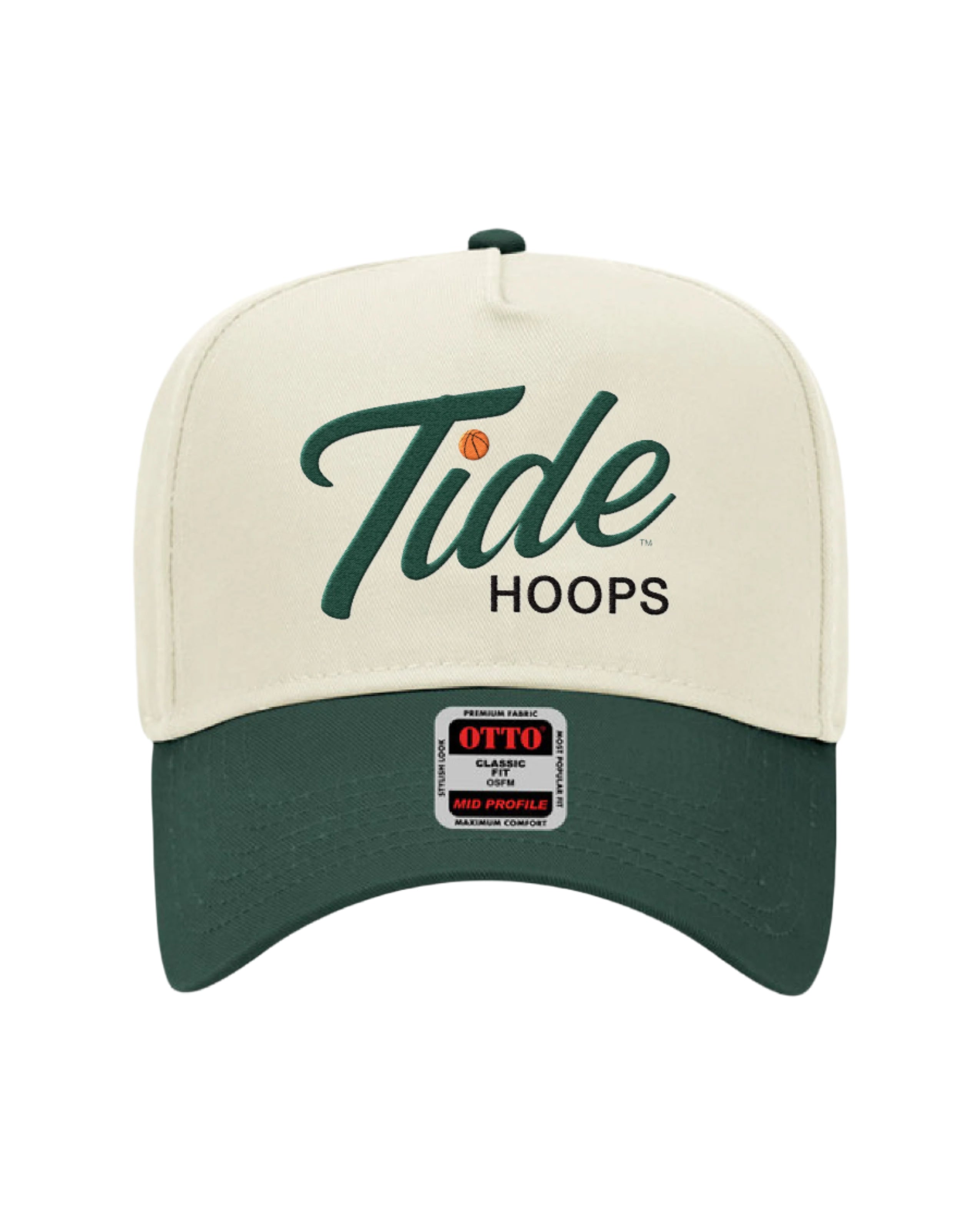 University of Alabama Cream and Green Hat featuring Green script "Tide" and Black "Hoops" embroidery