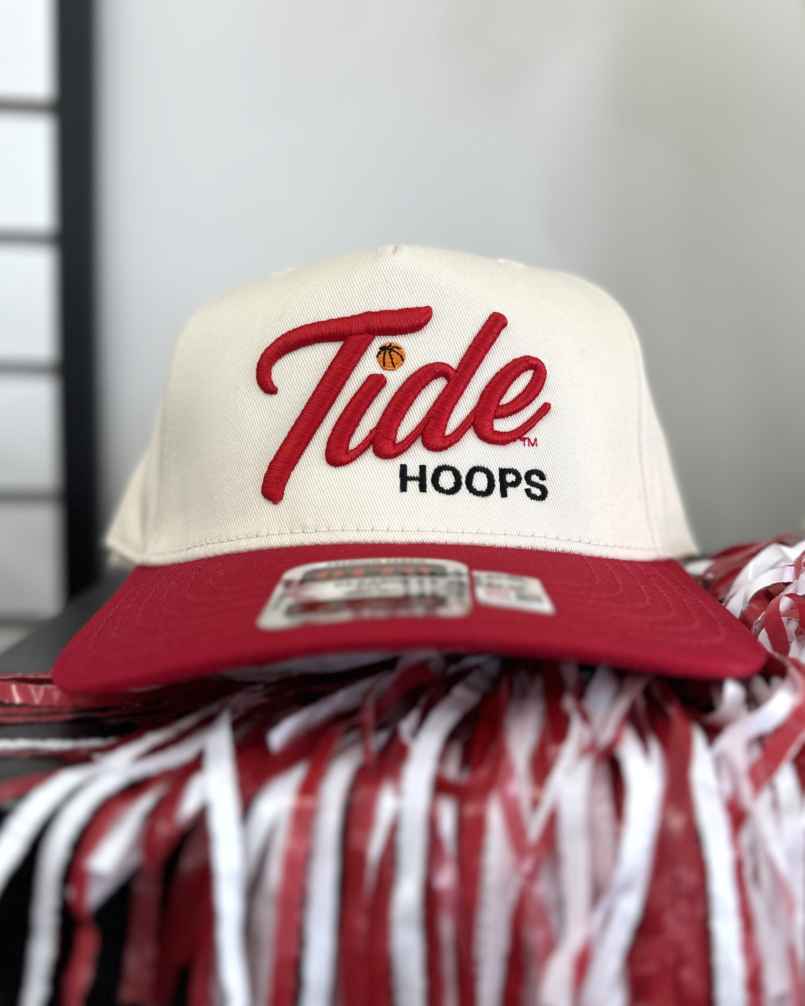 University of Alabama Cream and Red Hat featuring Red script "Tide" and Black "Hoops" embroidery