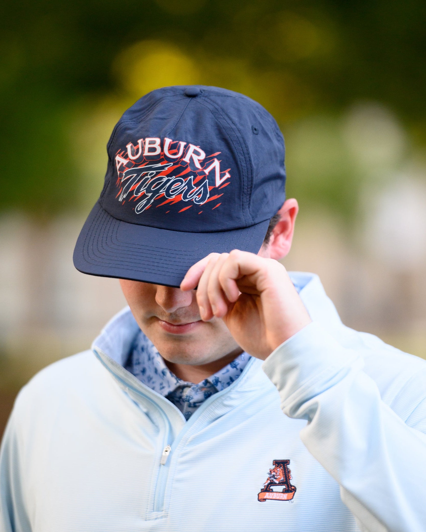 Auburn University Navy Good Time Hat with White text "Auburn" and Navy Script "Tigers" above Orange stripes