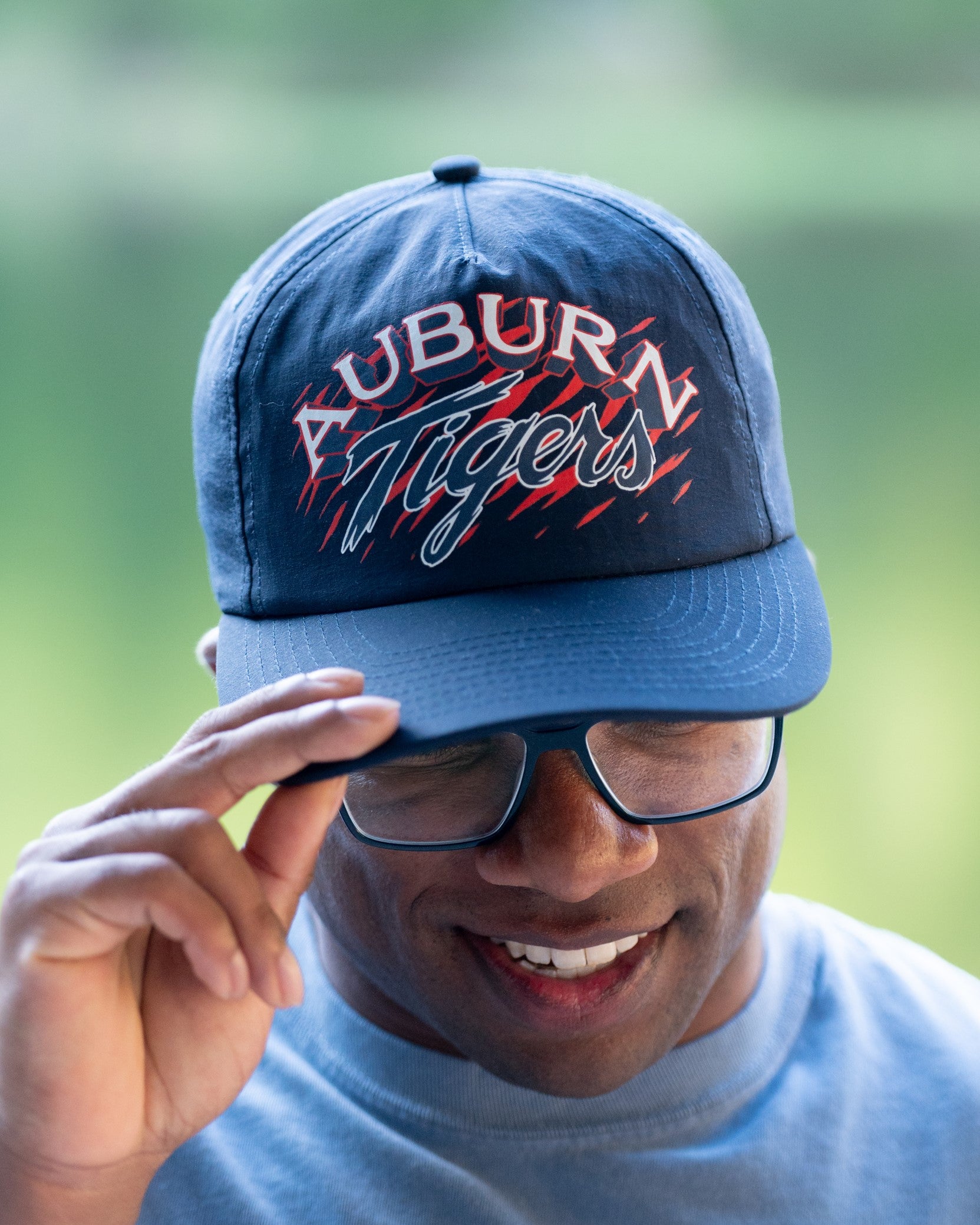 Auburn University Navy Good Time Hat with White text "Auburn" and Navy Script "Tigers" above Orange stripes