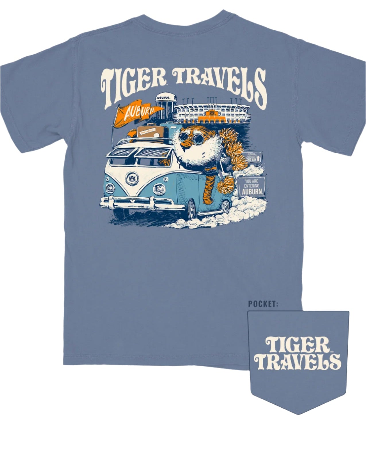 Auburn University Blue T-Shirt with 'Tiger Travels' text and an illustration of  Aubie in a VW Bus leaving the Auburn campus