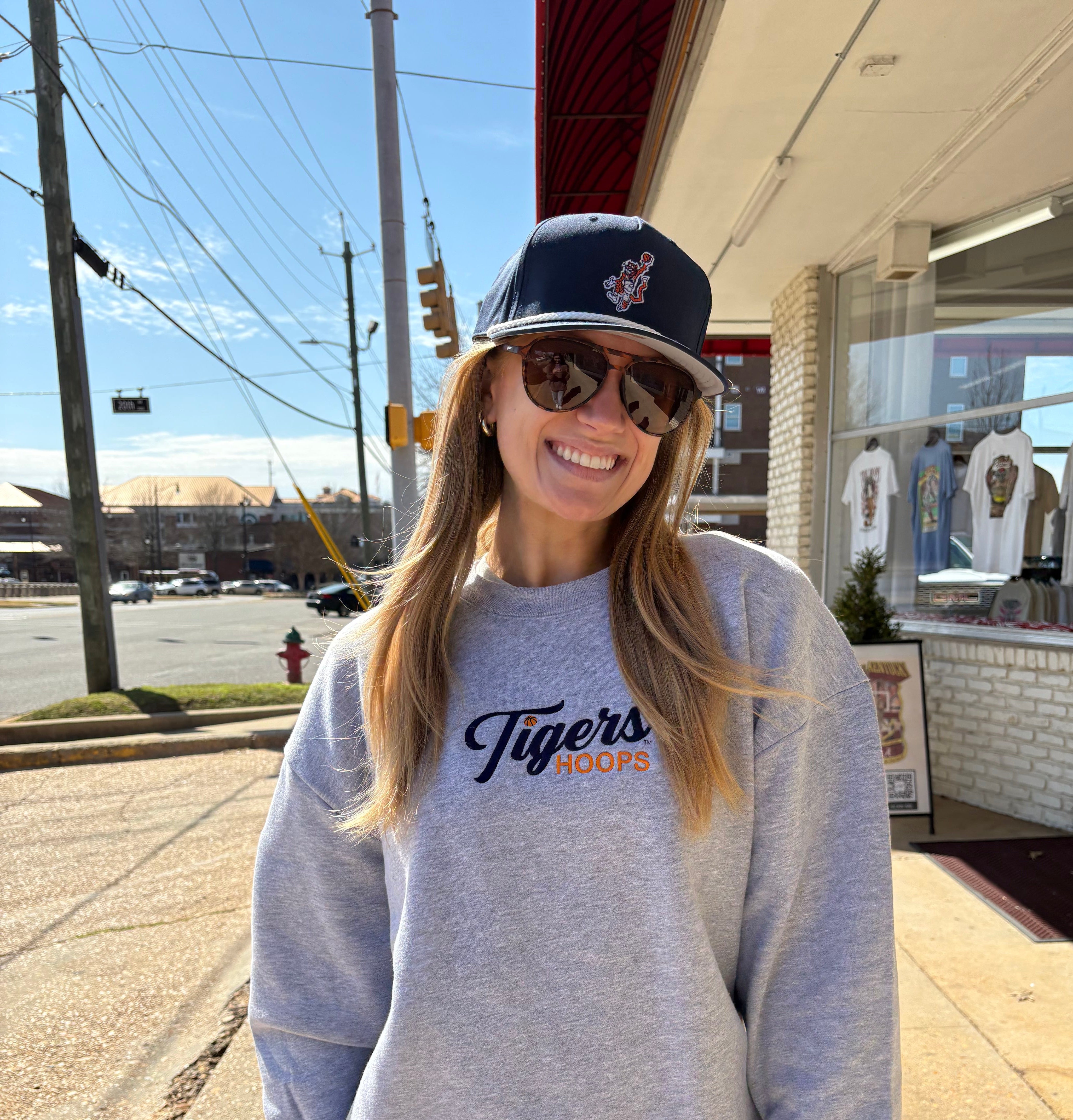 Auburn University Grey American Apparel Crewneck featuring Navy script "Tigers" and Orange "Hoops" embroidery