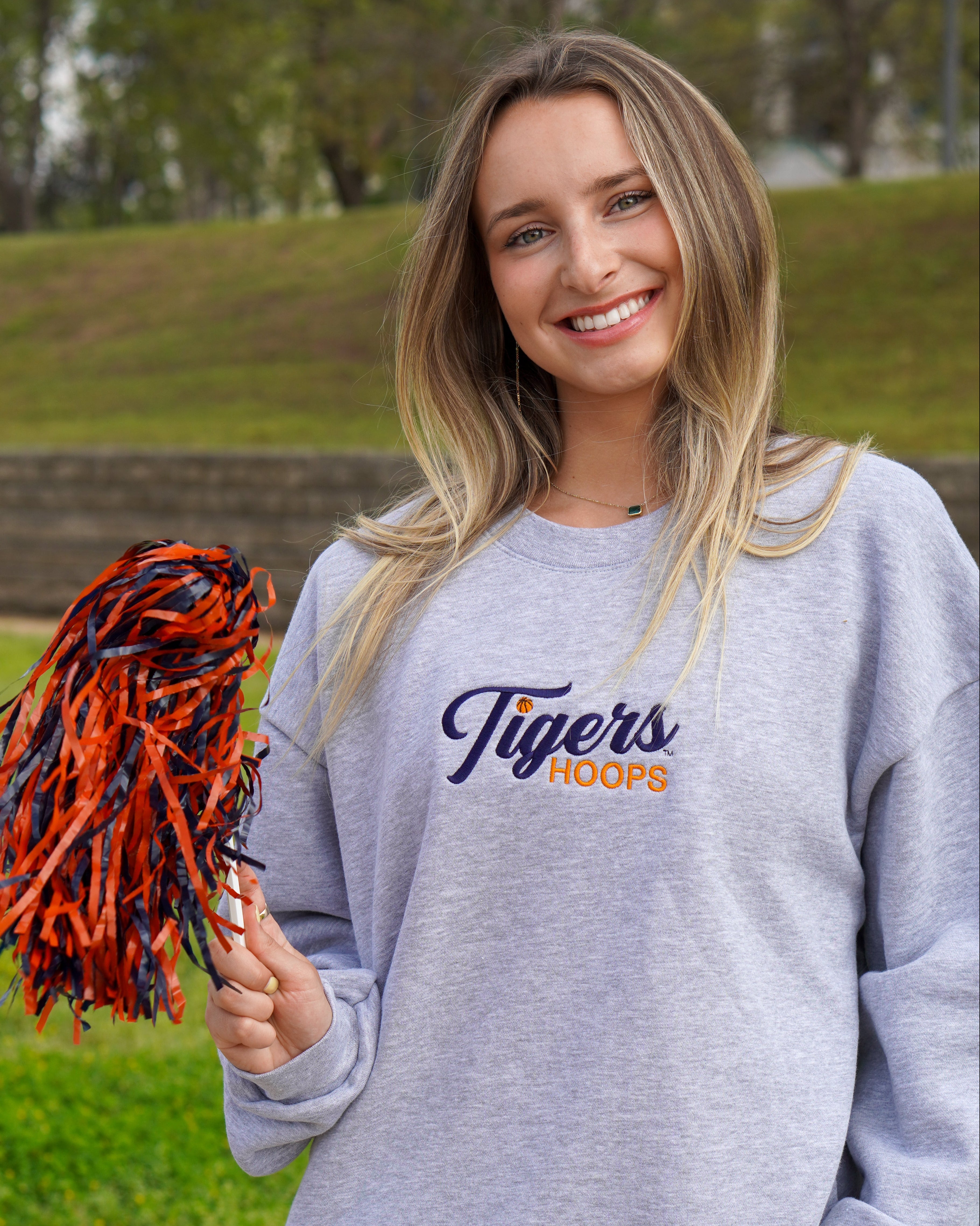 Auburn University Grey American Apparel Crewneck featuring Navy script "Tigers" and Orange "Hoops" embroidery