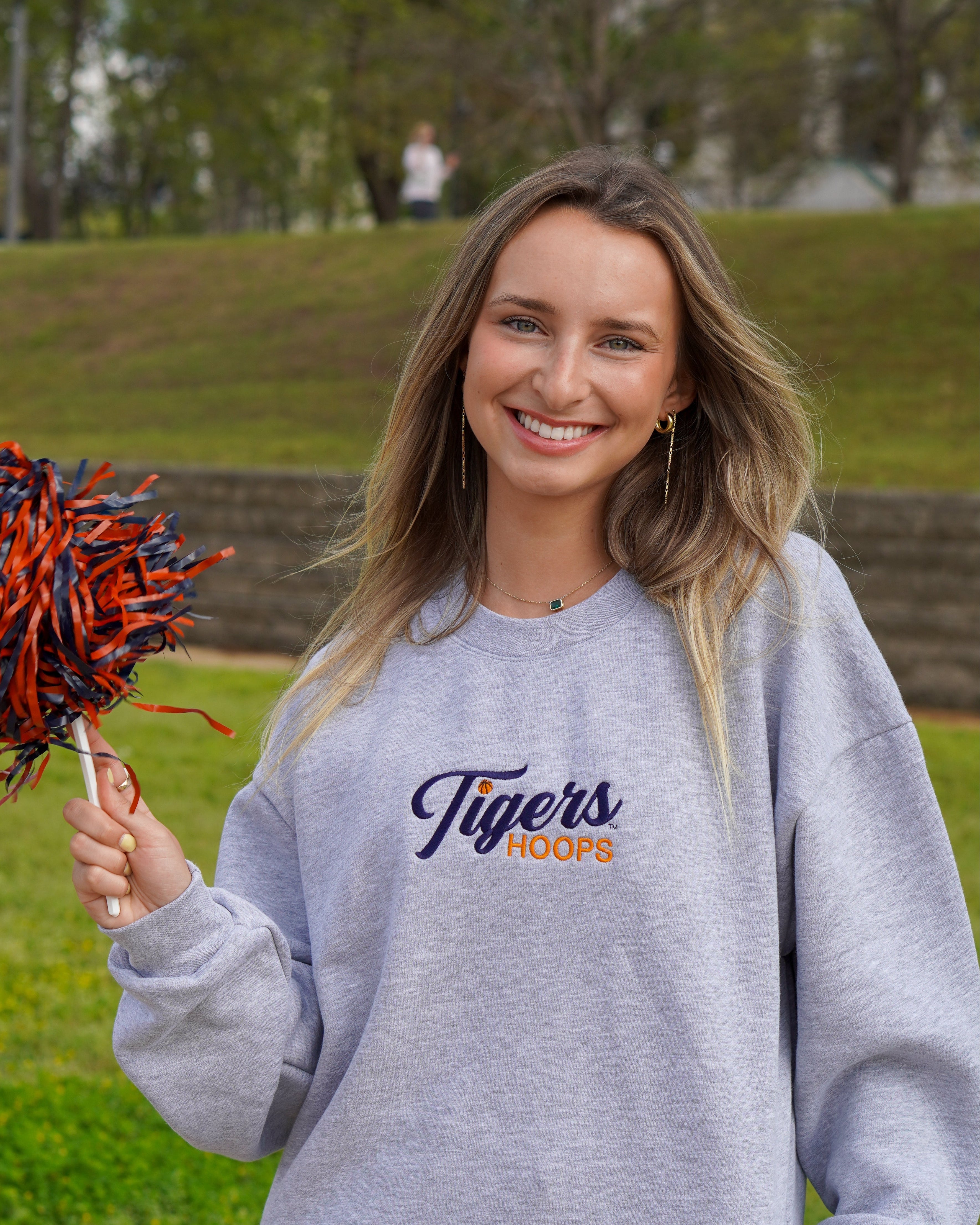 Auburn University Grey American Apparel Crewneck featuring Navy script "Tigers" and Orange "Hoops" embroidery