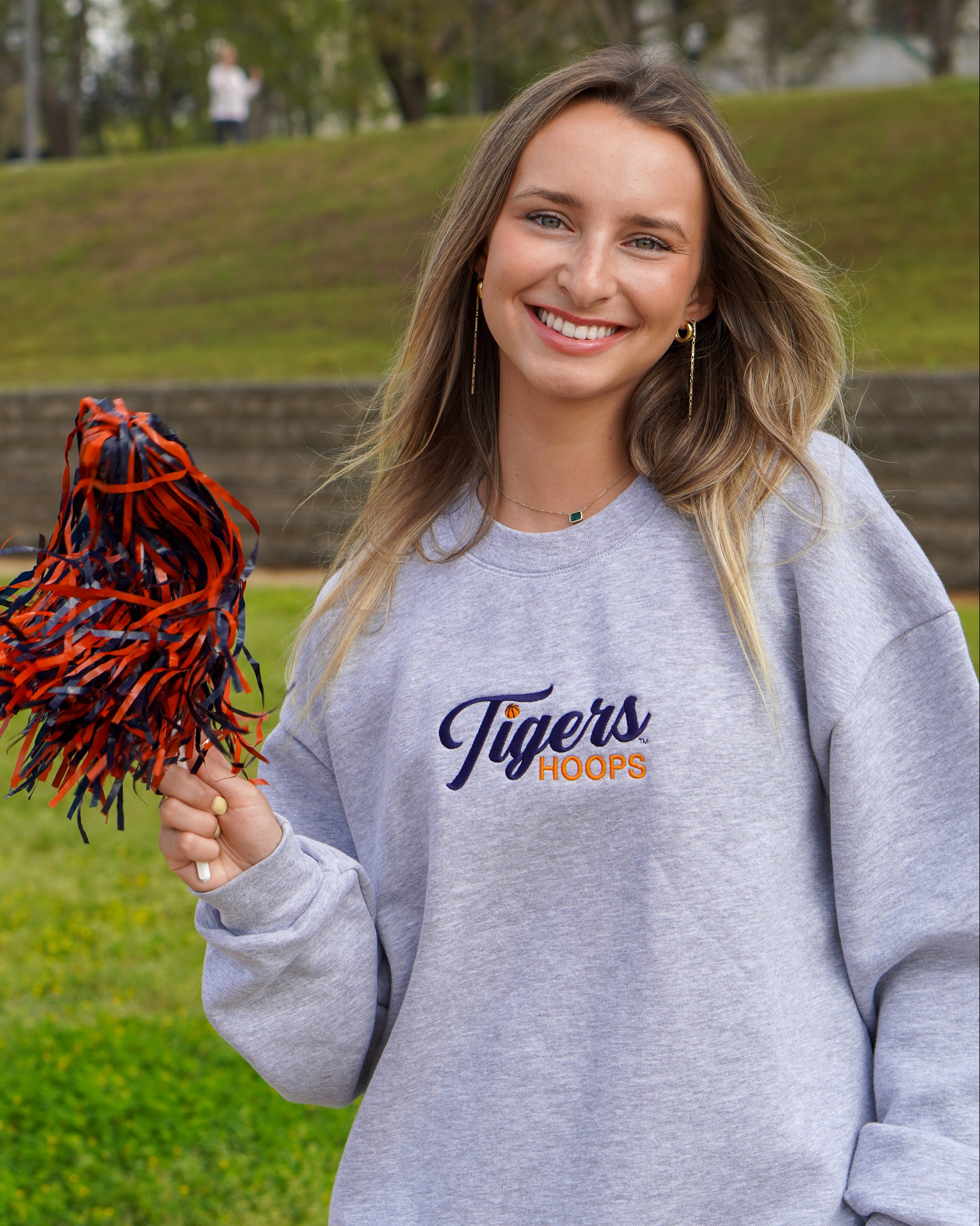 Auburn University Grey American Apparel Crewneck featuring Navy script "Tigers" and Orange "Hoops" embroidery