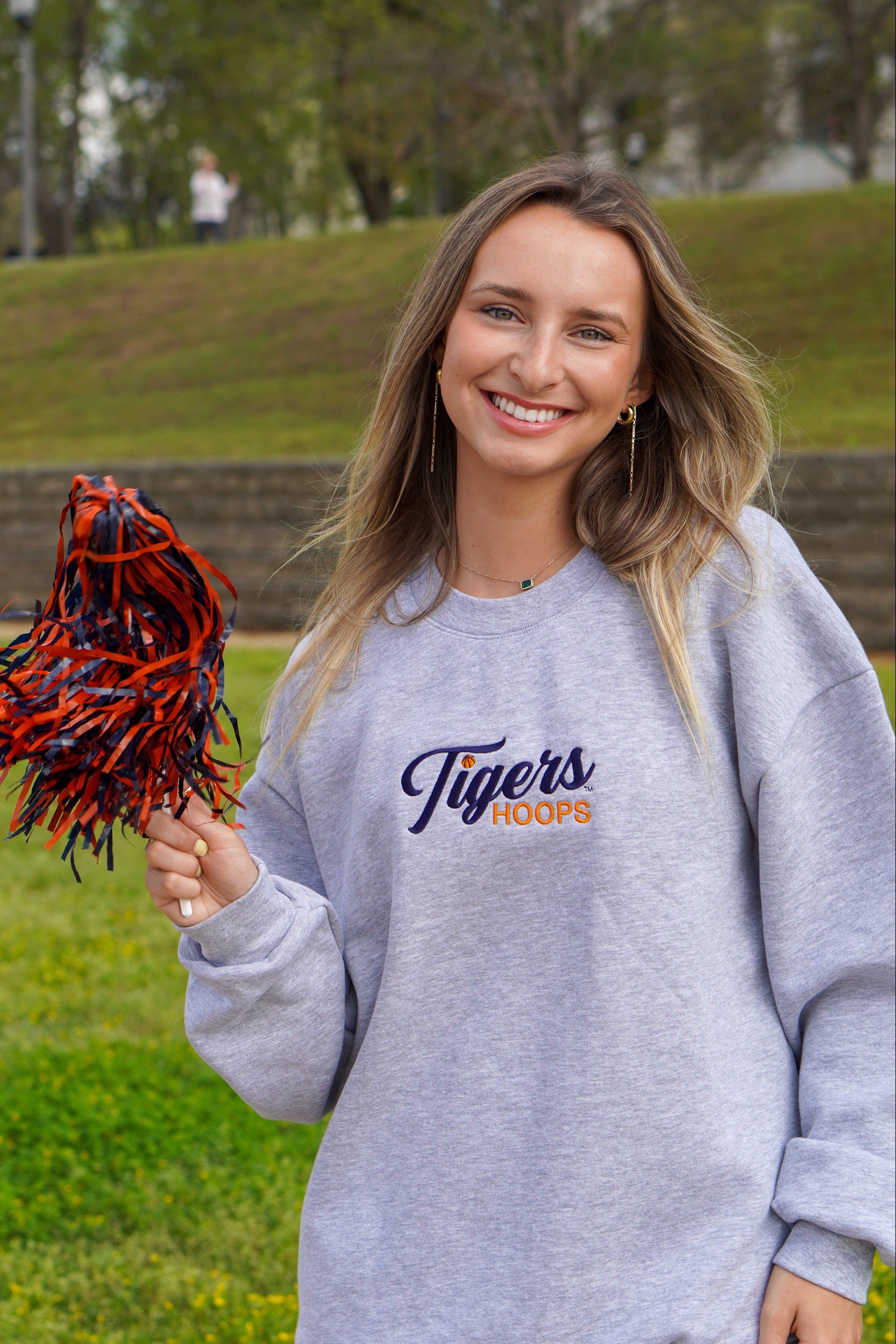 Auburn University Grey American Apparel Crewneck featuring Navy script "Tigers" and Orange "Hoops" embroidery