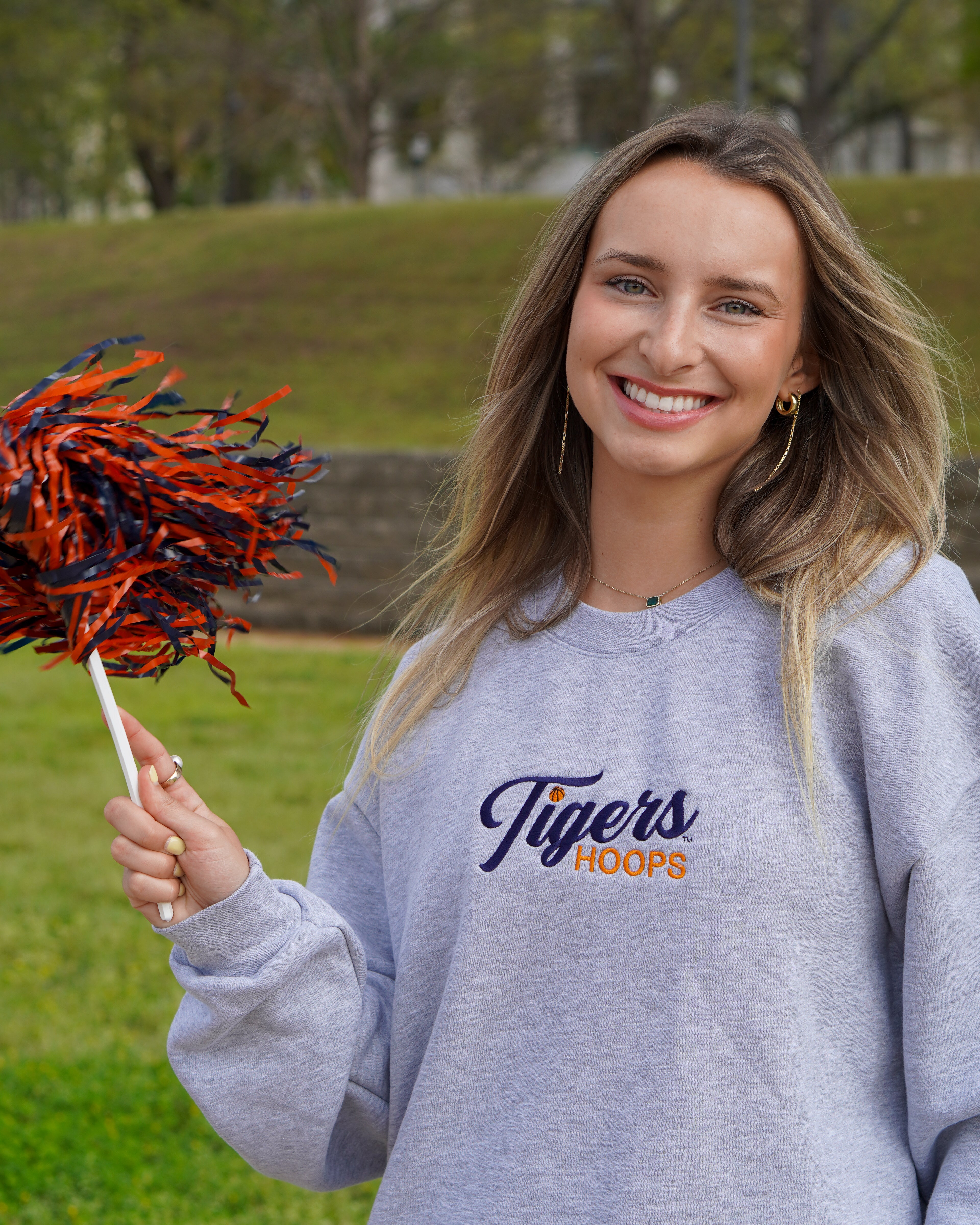 Auburn University Grey American Apparel Crewneck featuring Navy script "Tigers" and Orange "Hoops" embroidery
