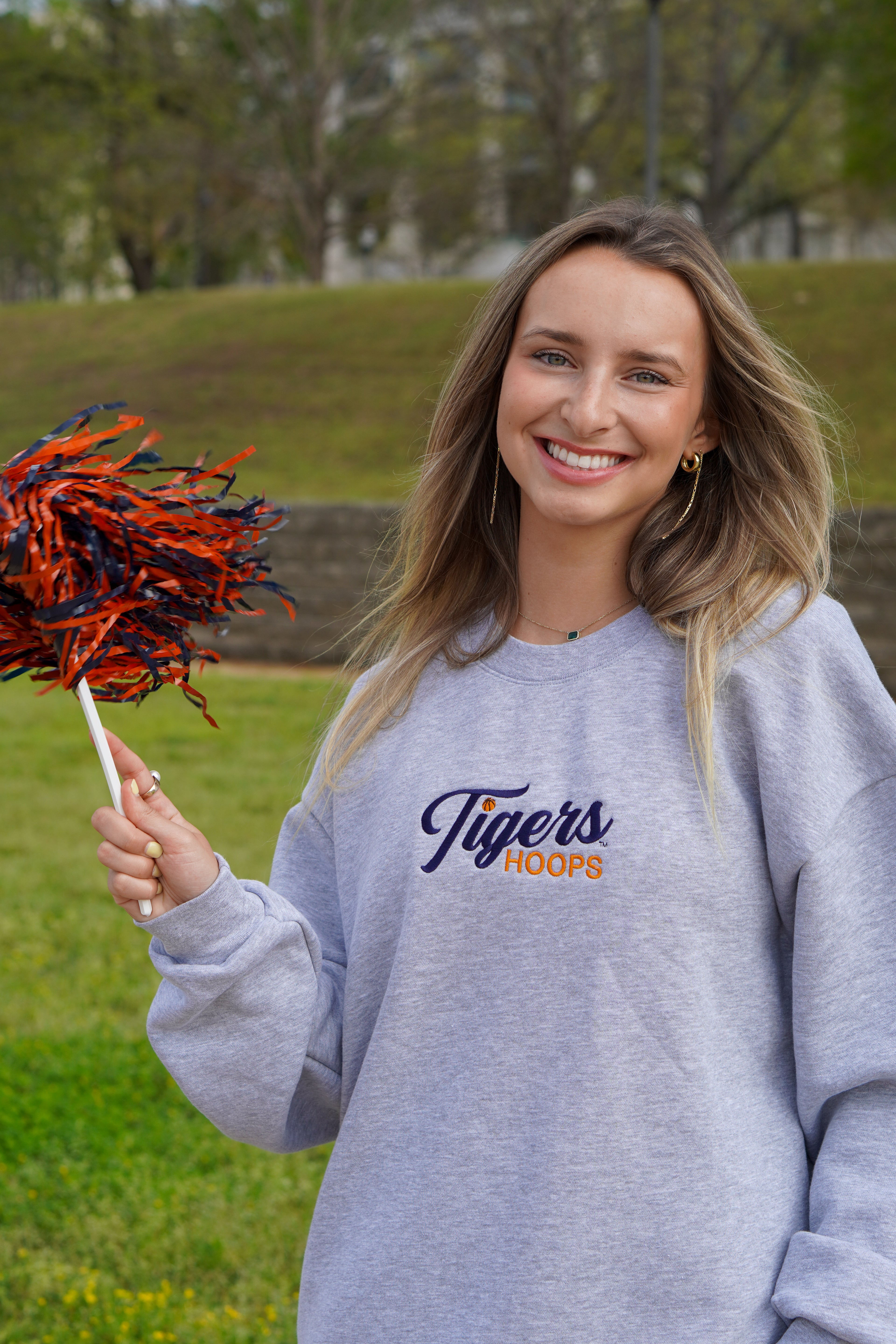 Auburn University Grey American Apparel Crewneck featuring Navy script "Tigers" and Orange "Hoops" embroidery