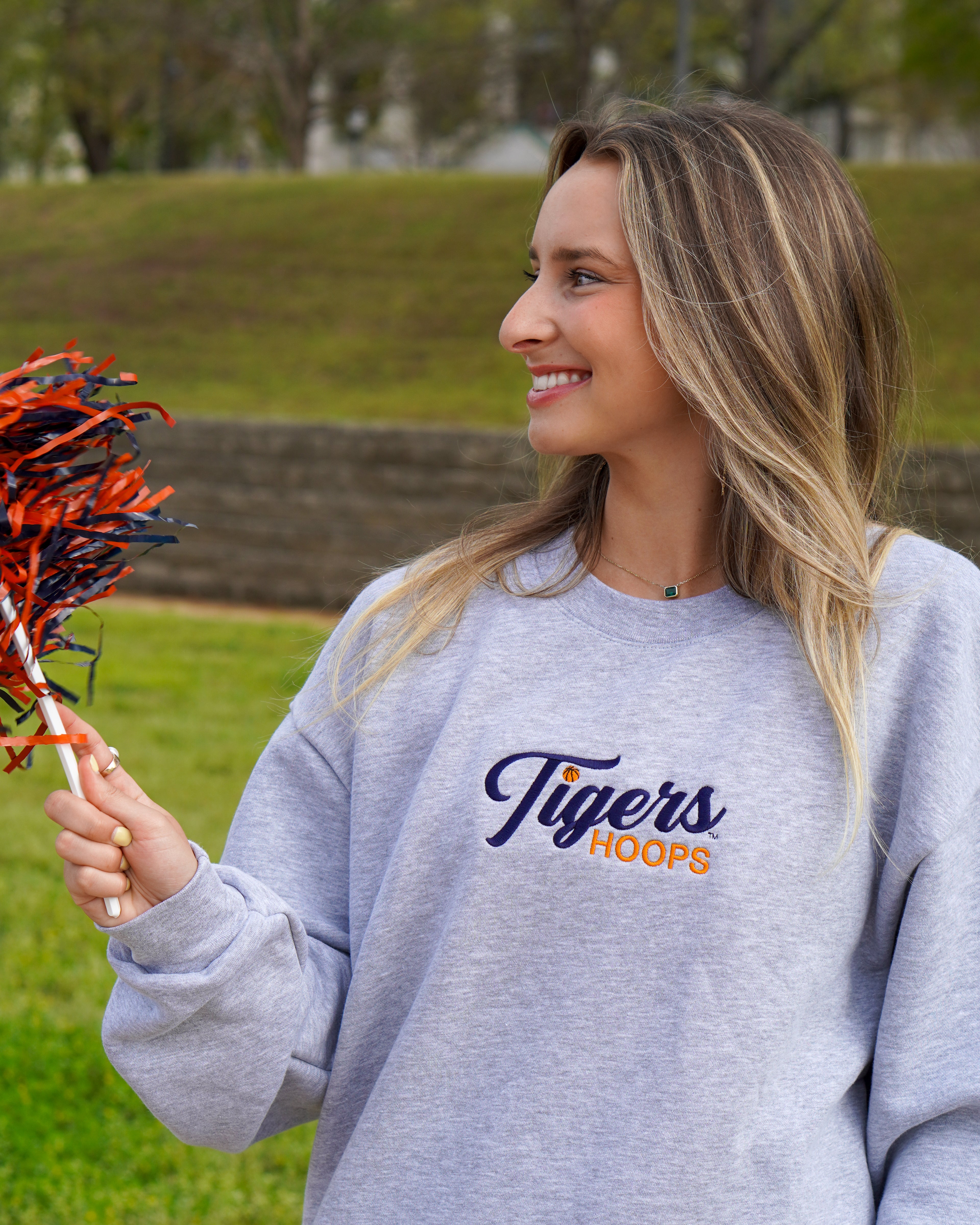 Auburn University Grey American Apparel Crewneck featuring Navy script "Tigers" and Orange "Hoops" embroidery