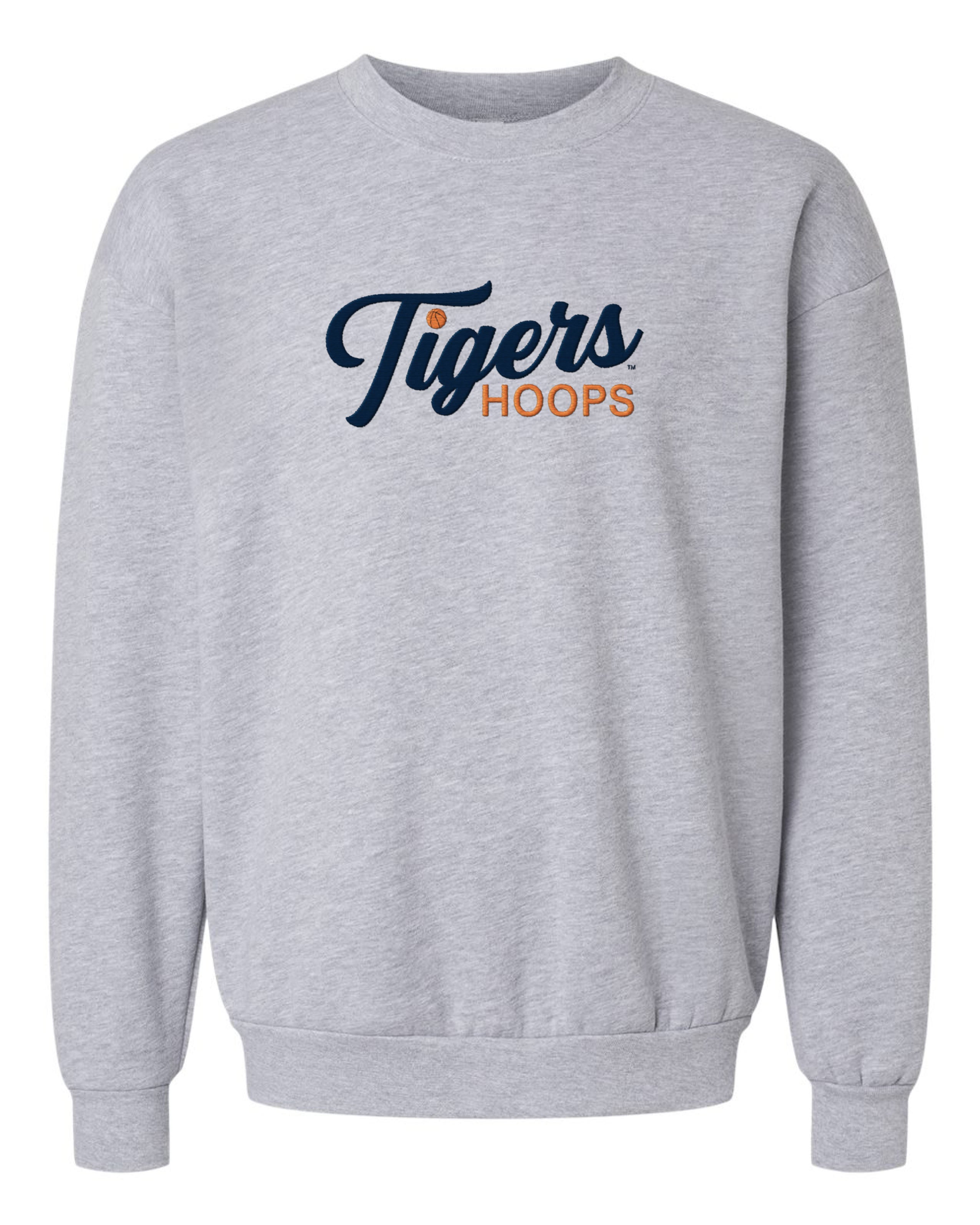 Auburn University Grey American Apparel Crewneck featuring Navy script "Tigers" and Orange "Hoops" embroidery
