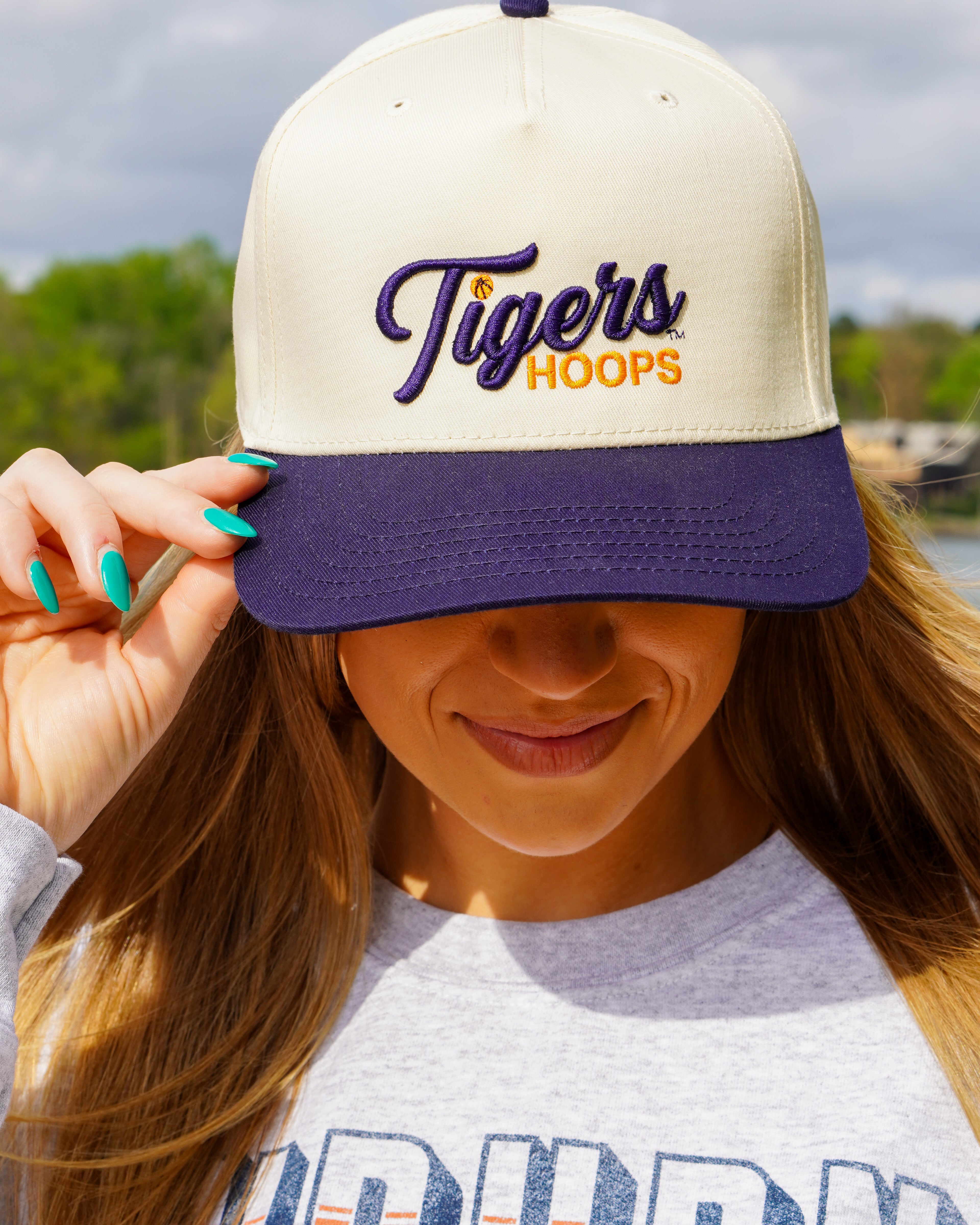Auburn University Cream and Navy Hat featuring Navy script "Tigers" and Orange "Hoops" embroidery