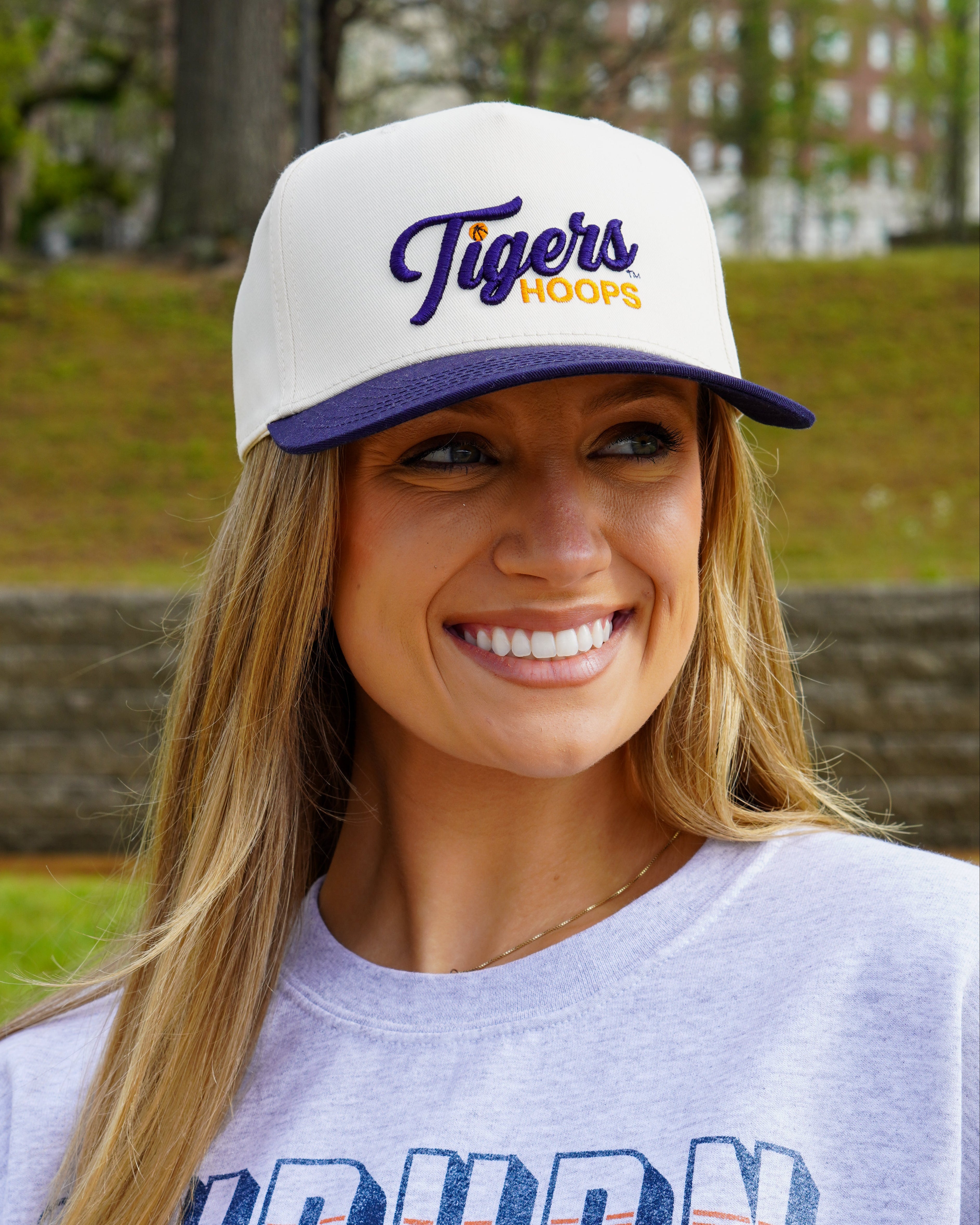 Auburn University Cream and Navy Hat featuring Navy script "Tigers" and Orange "Hoops" embroidery