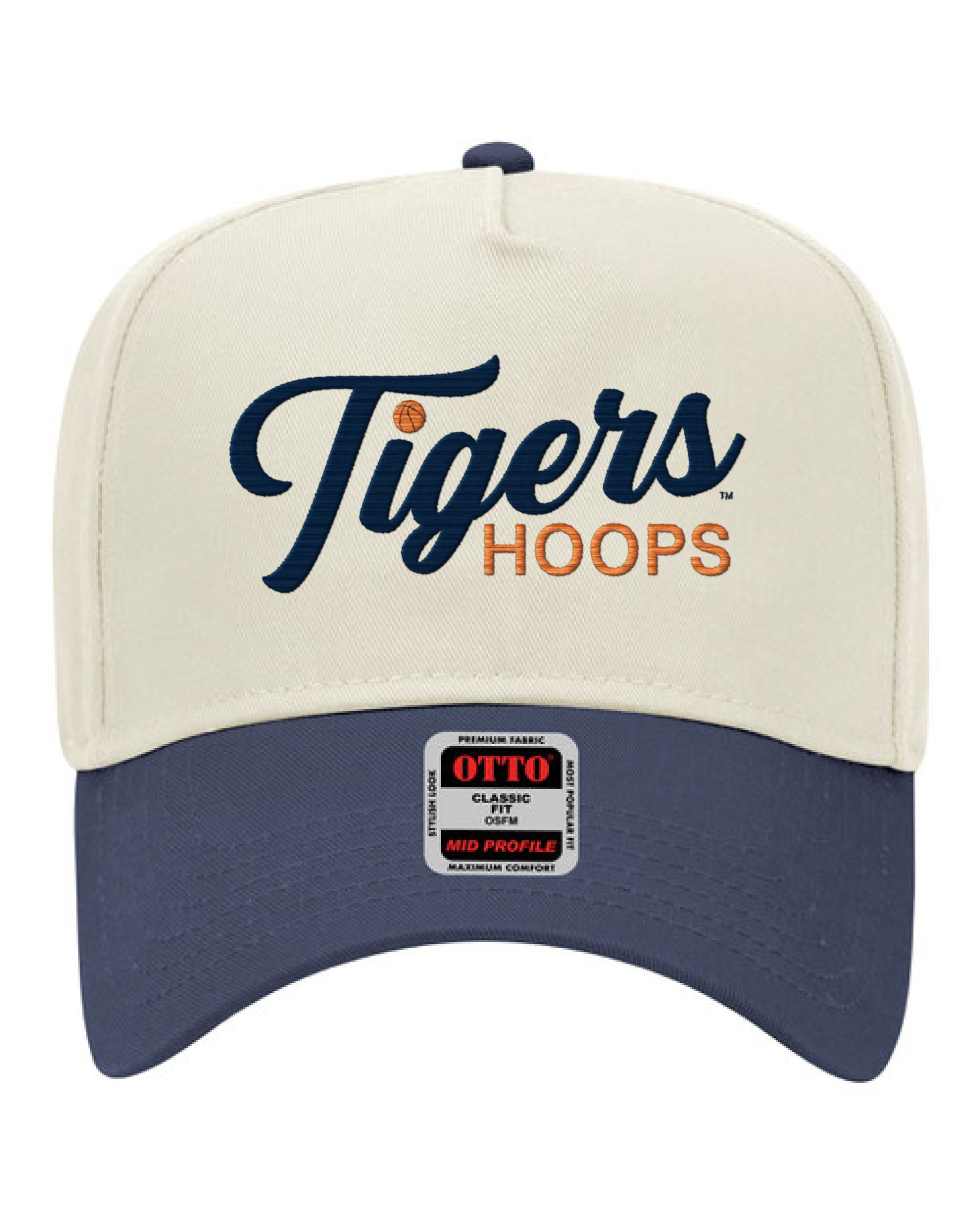 Auburn University Cream and Navy Hat featuring Navy script "Tigers" and Orange "Hoops" embroidery