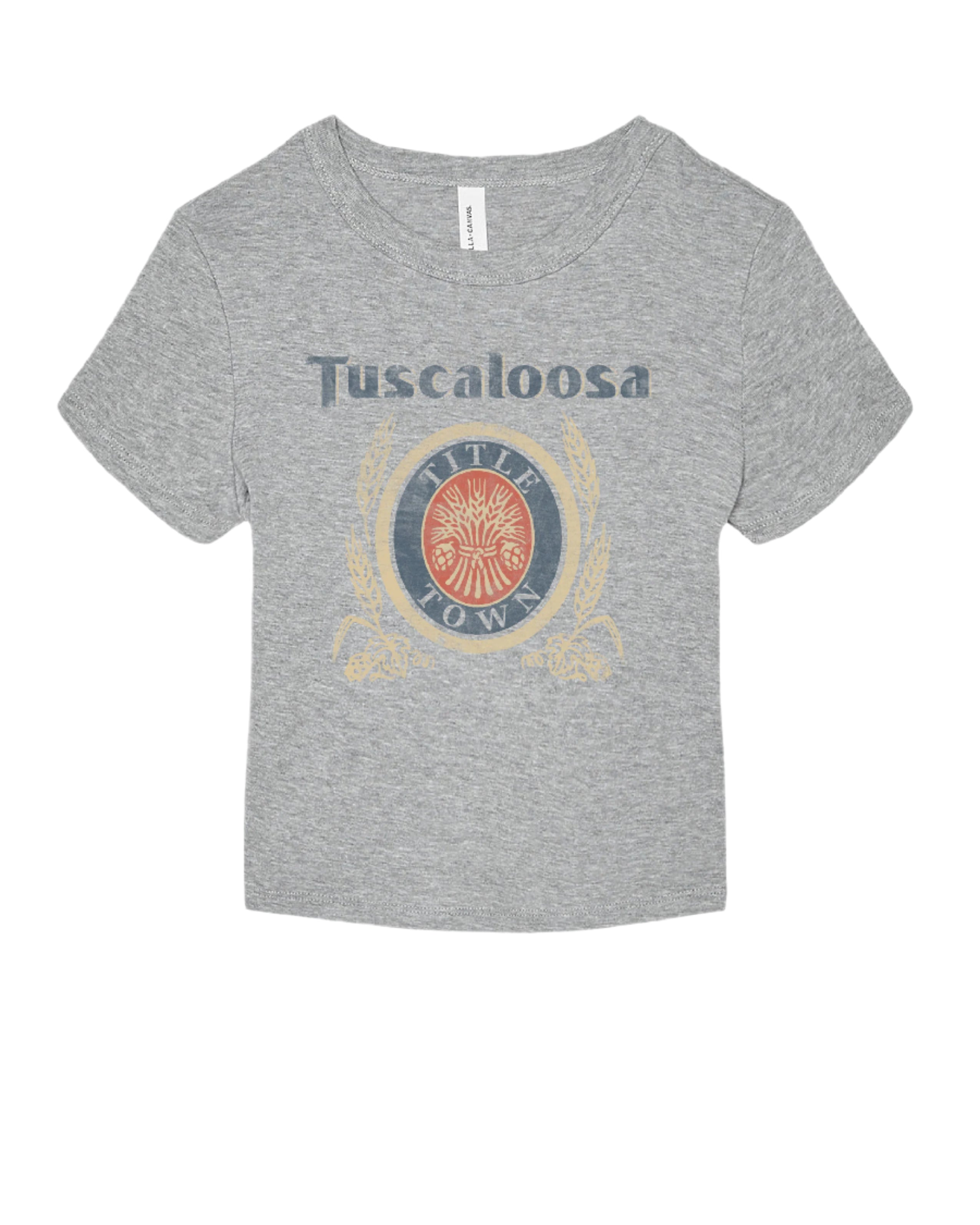Gray Title Town Baby Tee with Navy text "Tuscaloosa" above the Title Town emblem