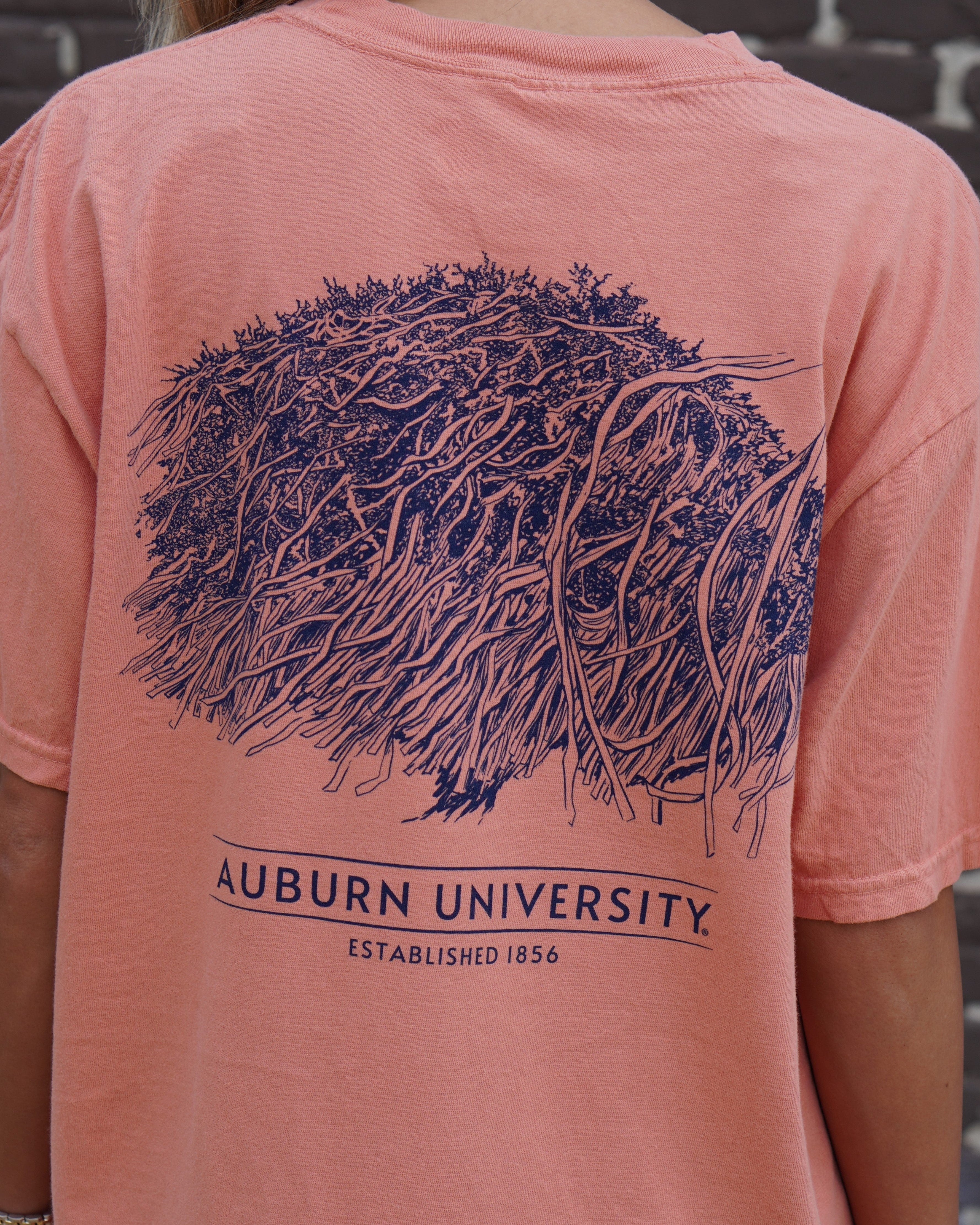 Auburn University Orange Toomer's Tree T-Shirt featuring an illustration of a rolled tree from Toomer's Corner
