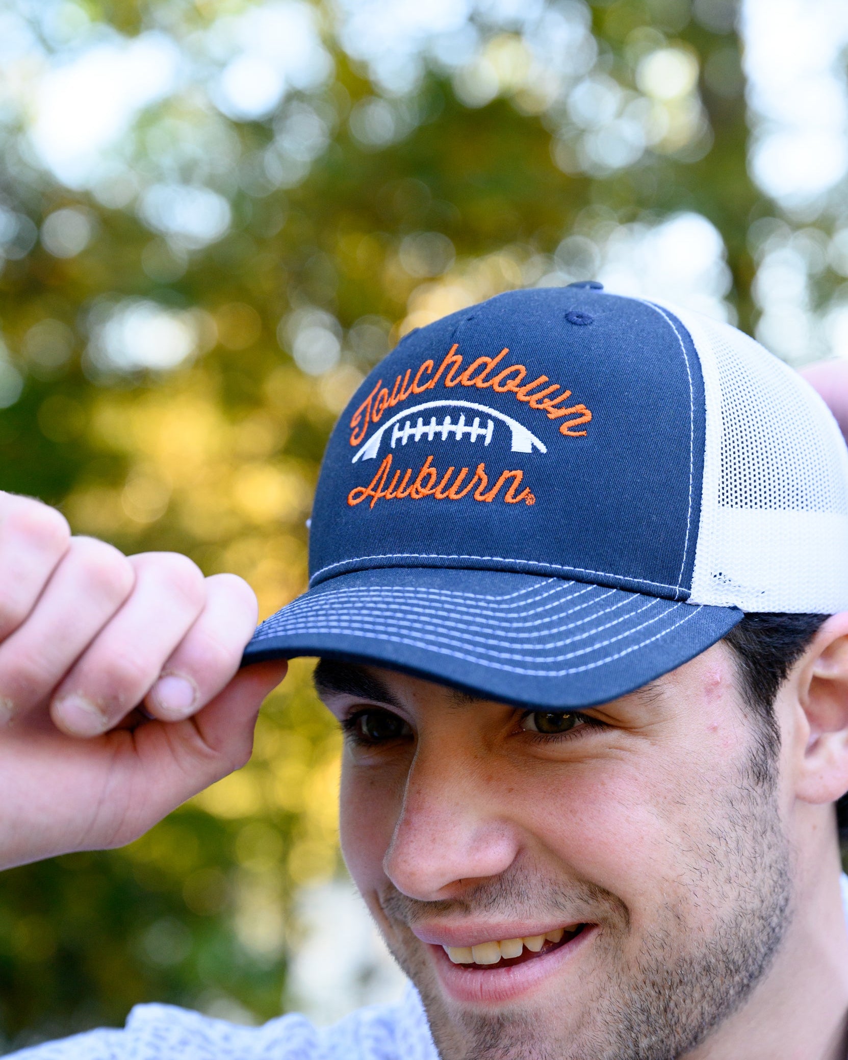 Auburn University Navy and White Hat with Orange "Touchdown Auburn" embroidery around a White football icon