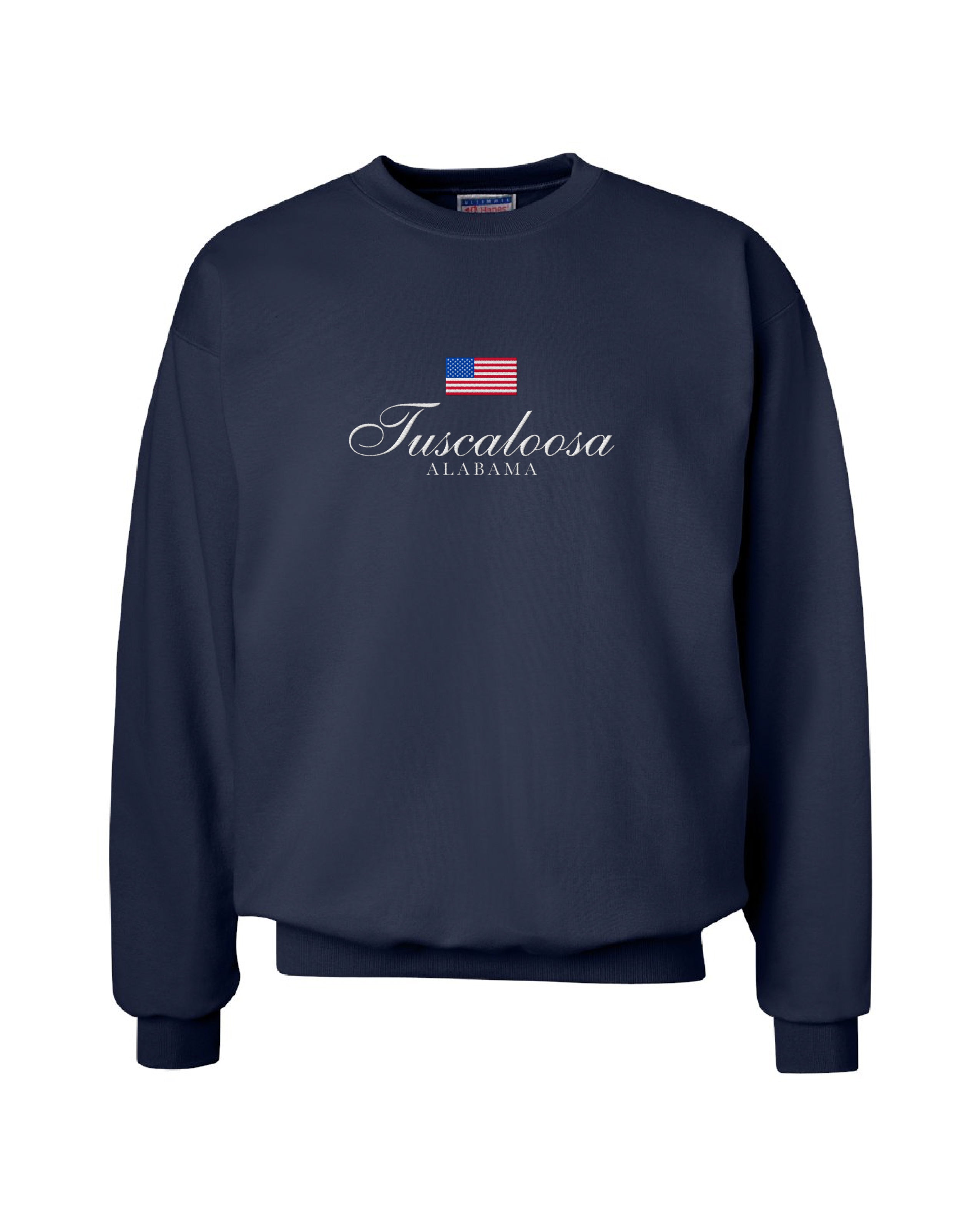 Navy Crewneck with an American Flag above White text “Tuscaloosa Alabama”