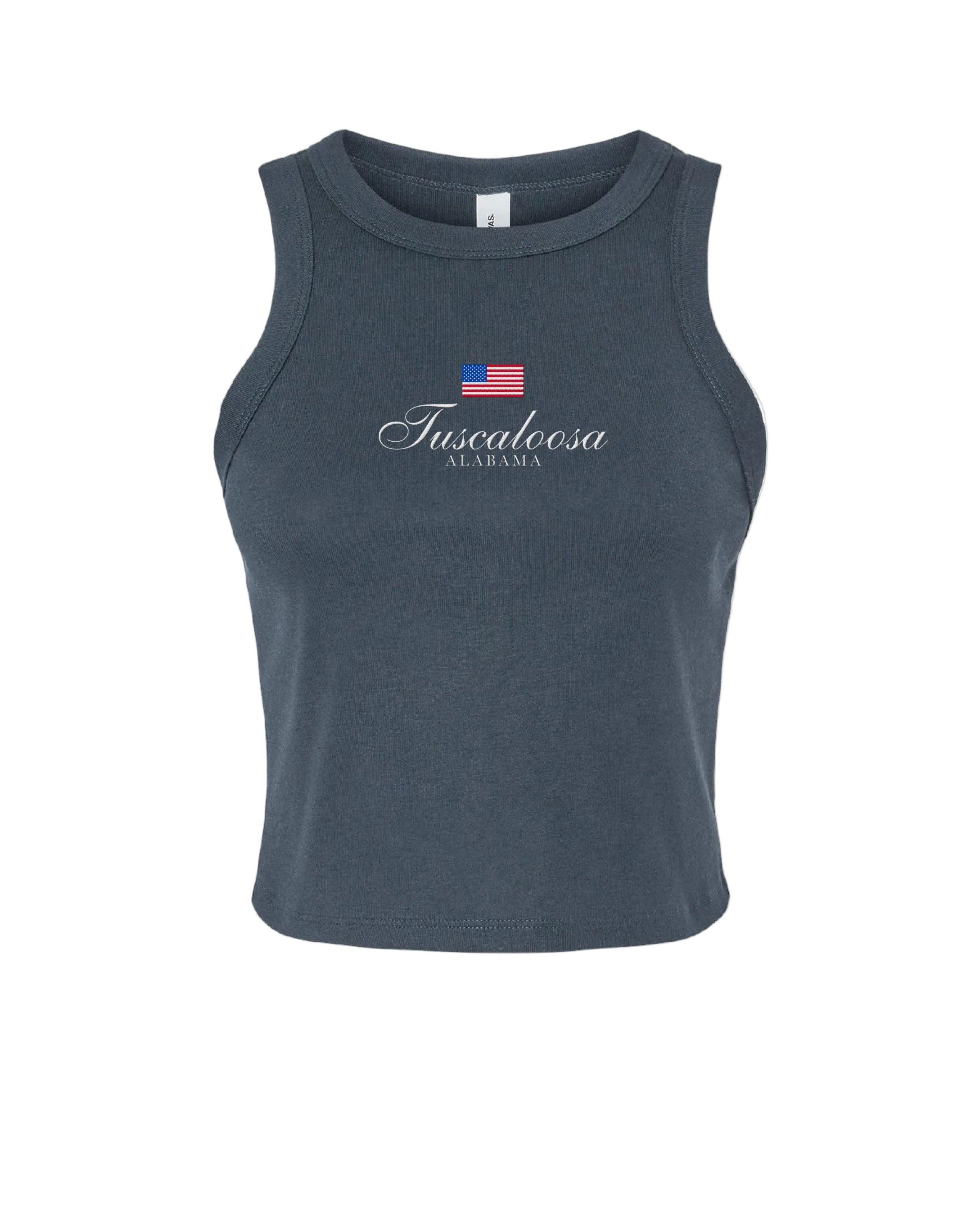 Local Merch Navy Tank Top with an embroidered American Flag above White embroidered text “Tuscaloosa Alabama”