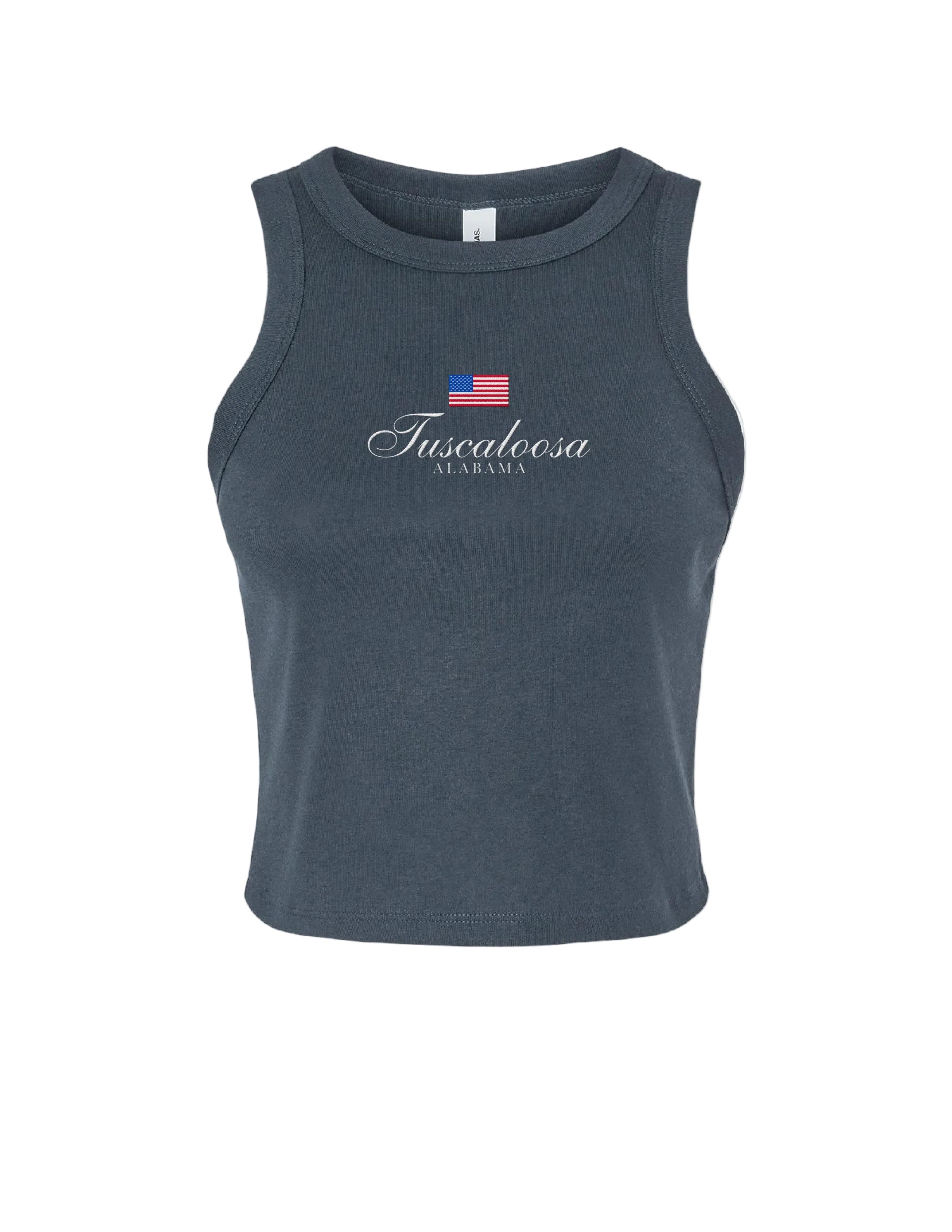Local Merch Navy Tank Top with an embroidered American Flag above White embroidered text “Tuscaloosa Alabama”