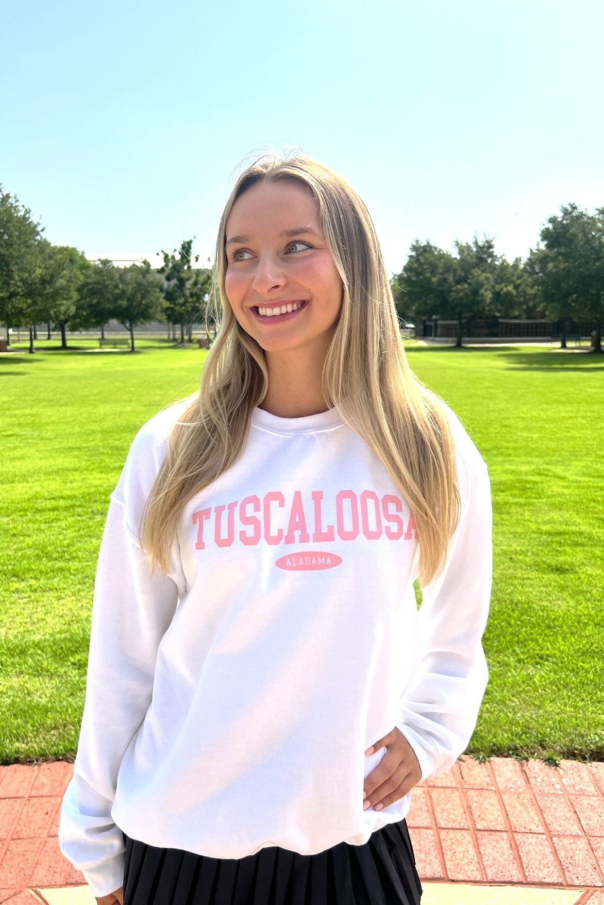 White Tuscaloosa Ladies' Crewneck with Pink text "Tuscaloosa"