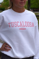 White Tuscaloosa Ladies' Crewneck with Pink text "Tuscaloosa"