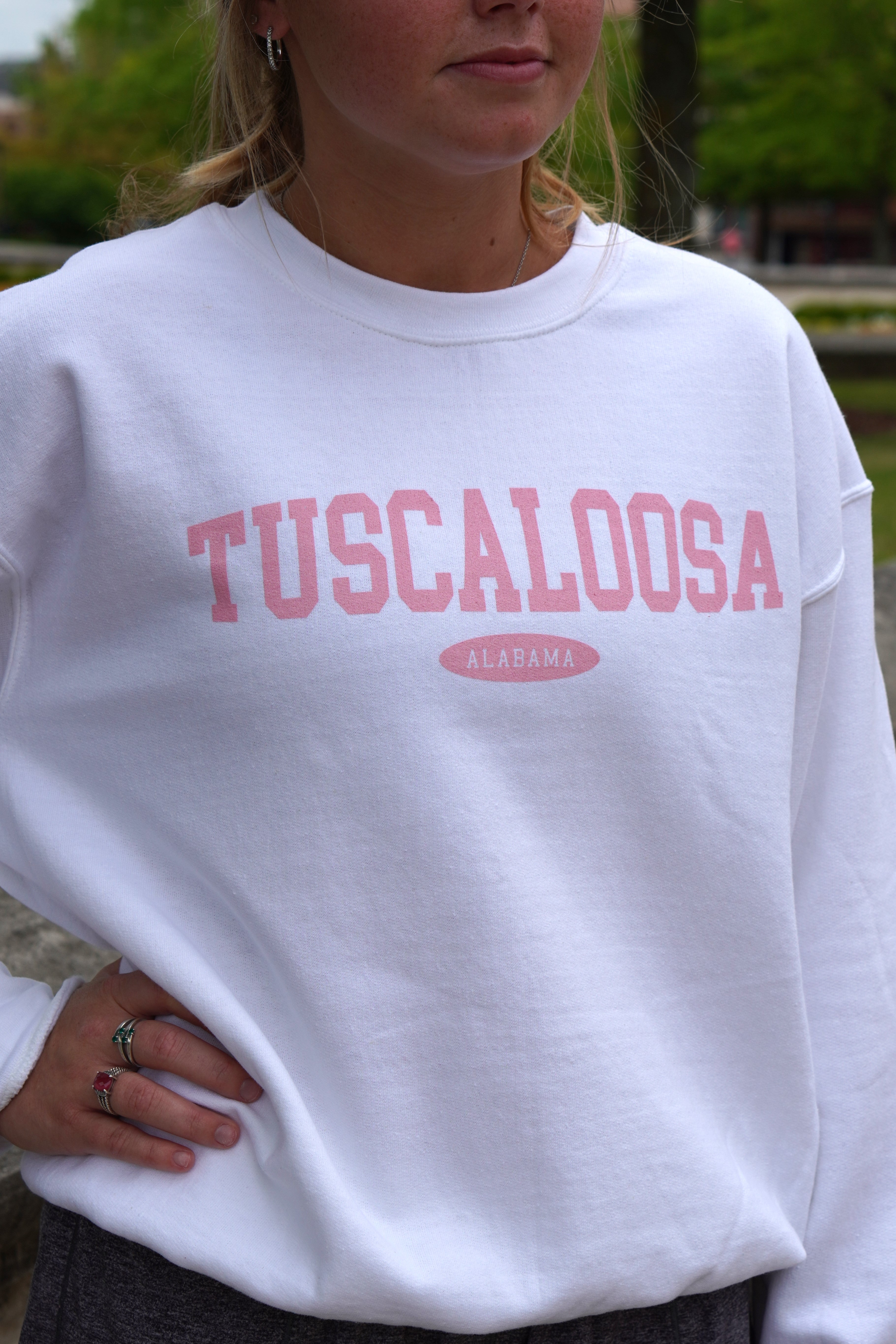 White Tuscaloosa Ladies' Crewneck with Pink text "Tuscaloosa"