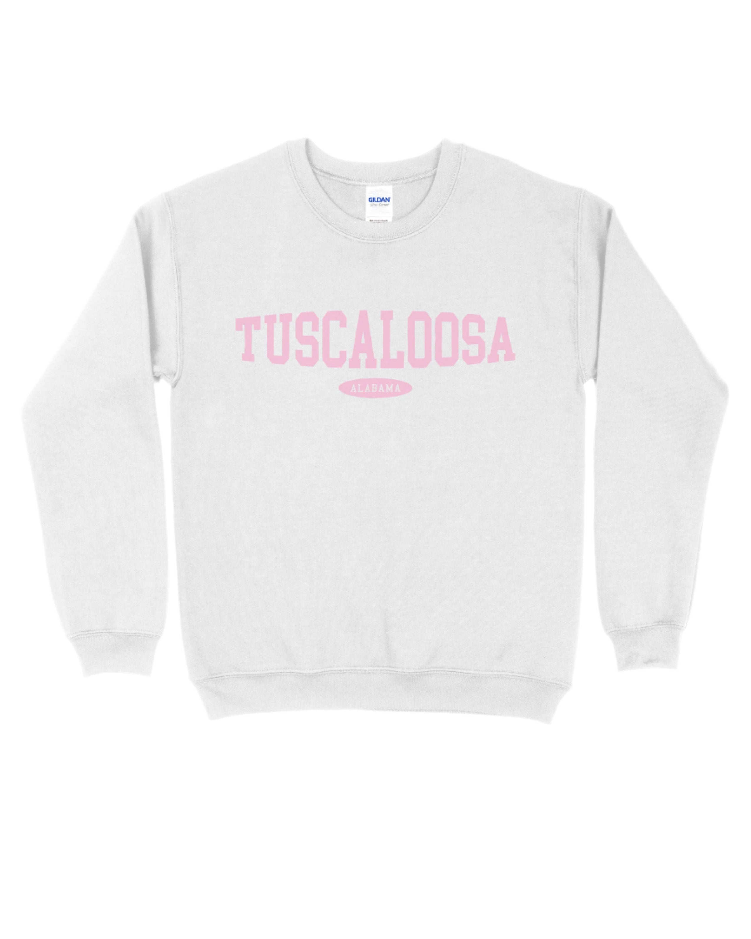 White Tuscaloosa Ladies' Crewneck with Pink text "Tuscaloosa"