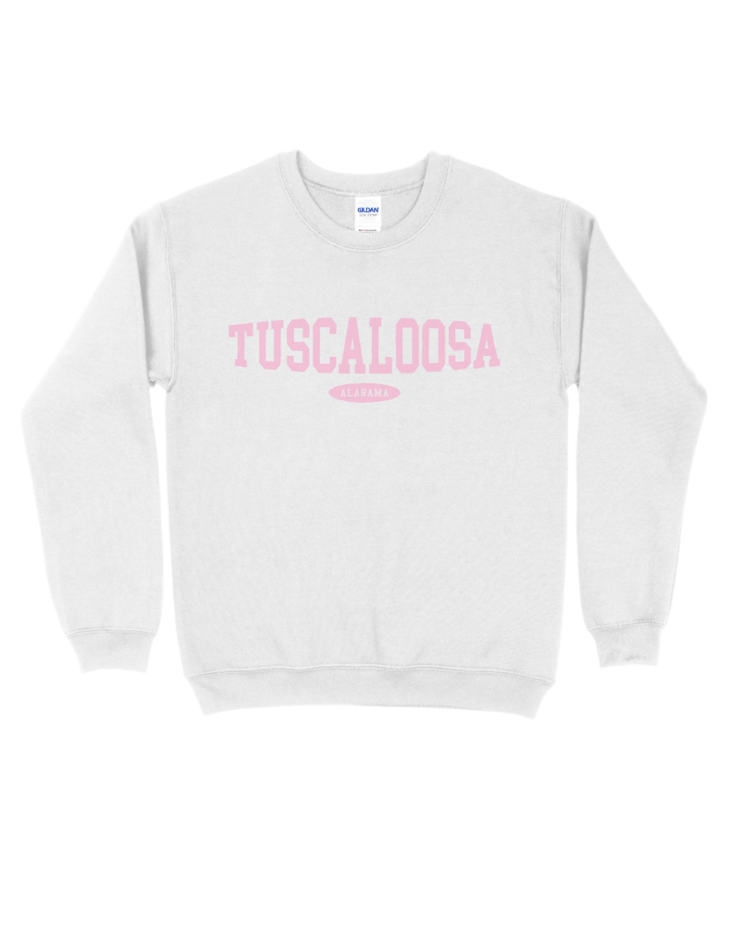 White Tuscaloosa Ladies' Crewneck with Pink text "Tuscaloosa"