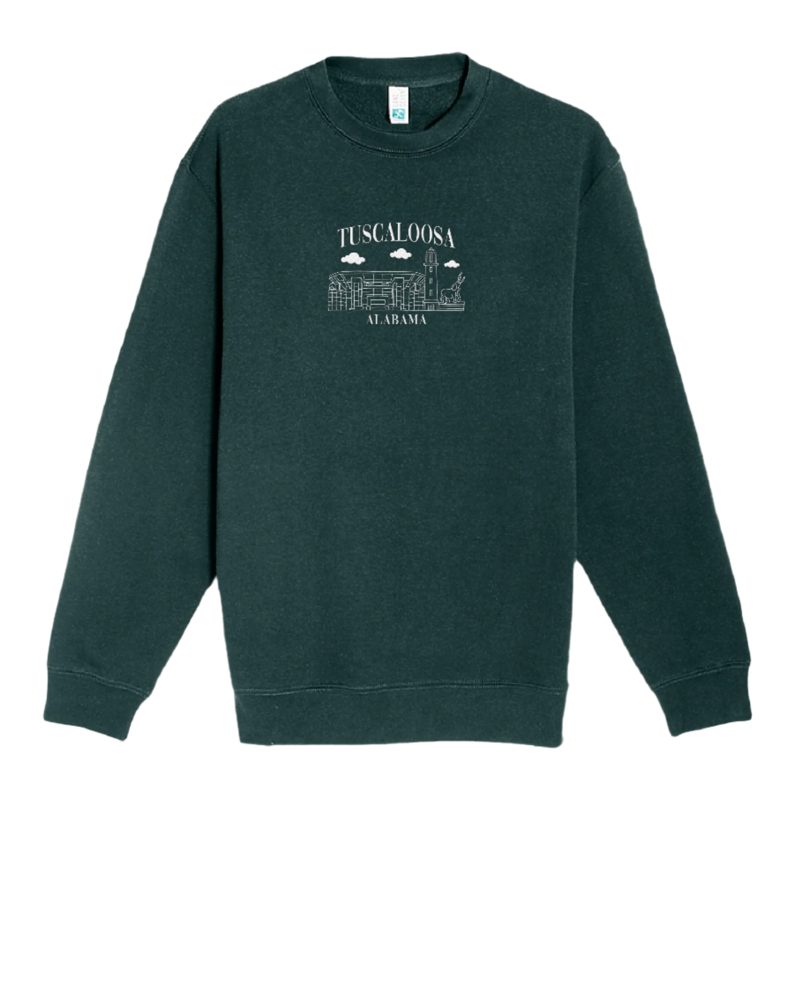 University of Alabama Tuscaloosa Landmarks Dark Green Lane Seven Ladies' Sweatshirt with White embroidery of Tuscaloosa landmarks under text "Tuscaloosa"