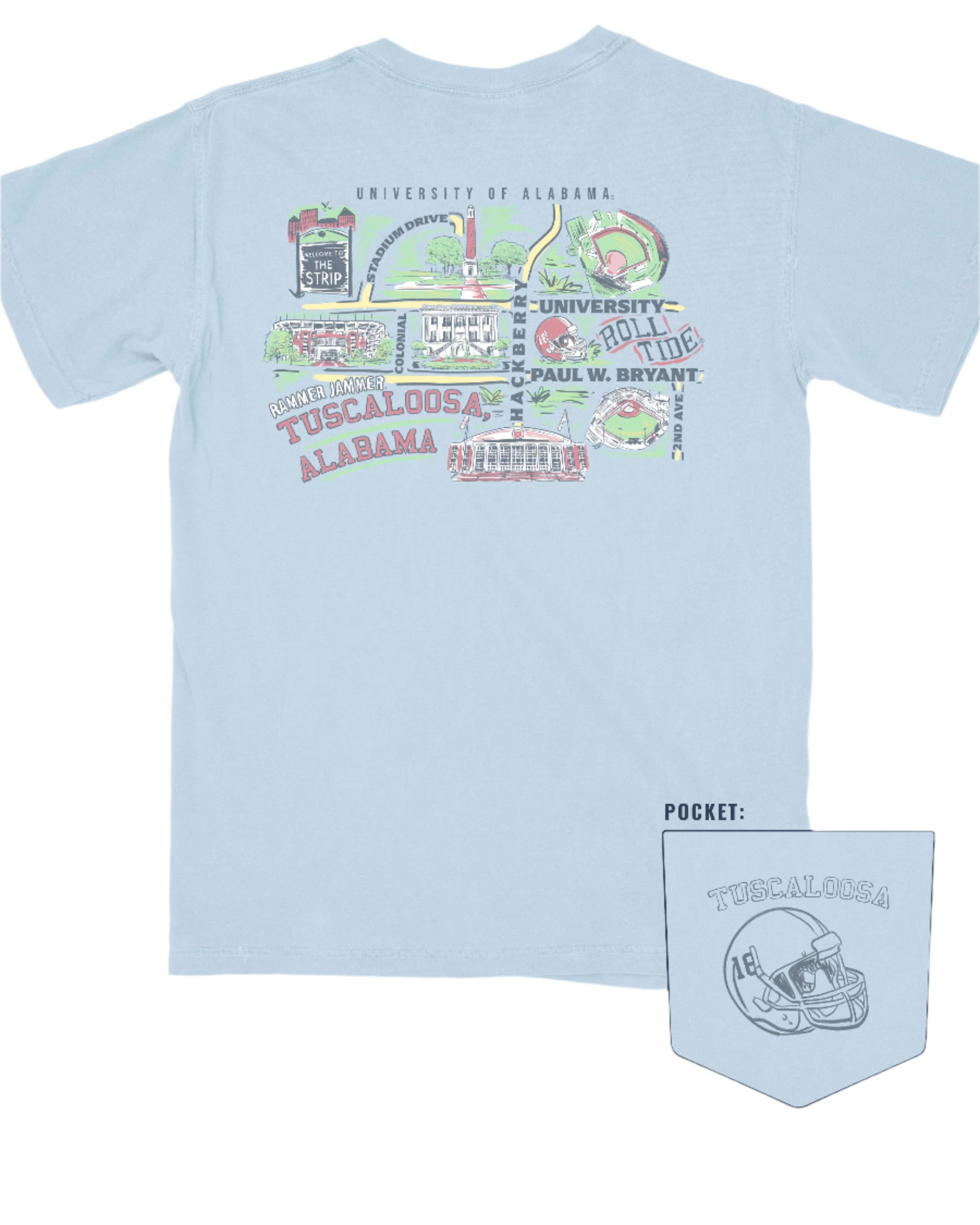 University of Alabama Tuscaloosa Chambray Comfort Colors T-Shirt with a graphic map of The University of Alabama’s landmarks (Back)