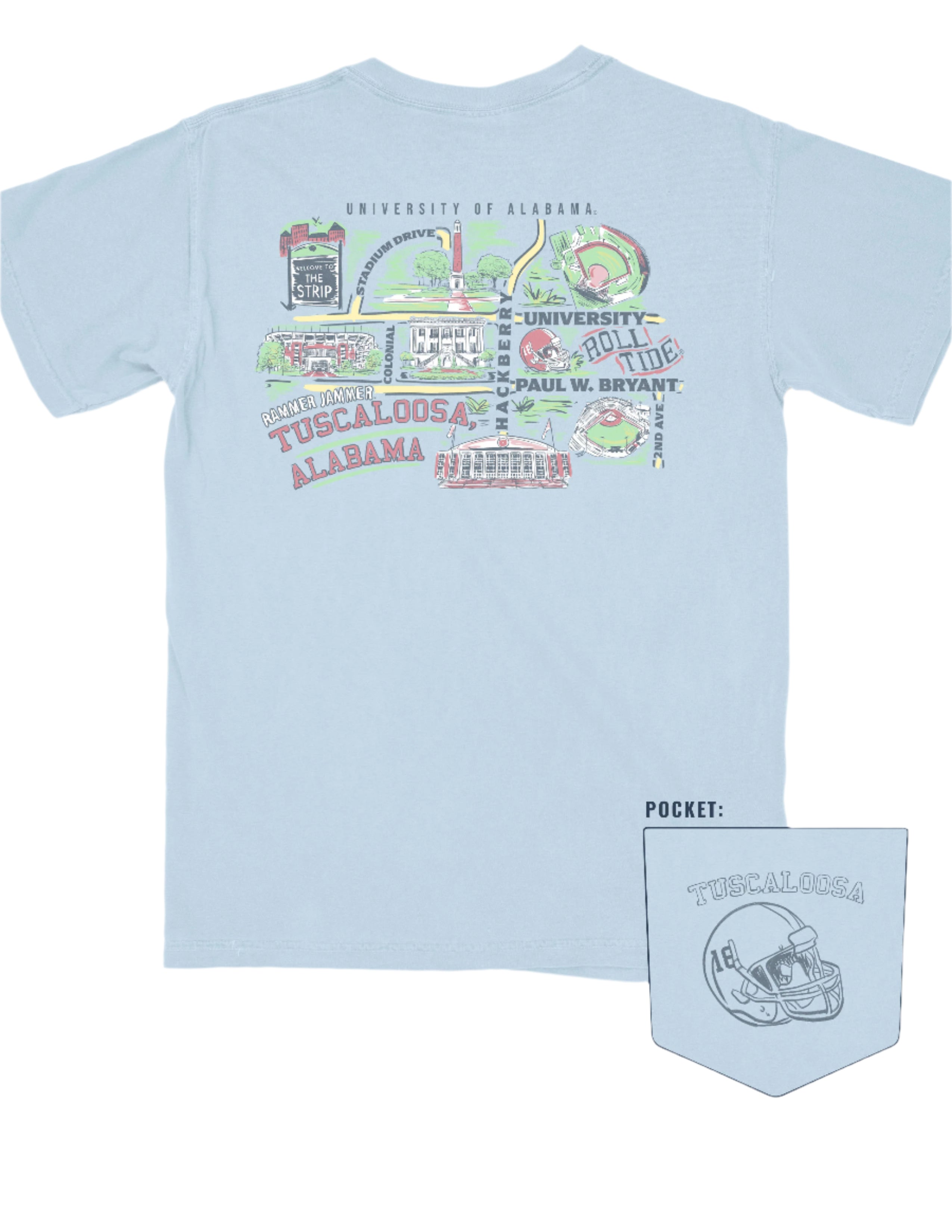 University of Alabama Tuscaloosa Chambray Comfort Colors T-Shirt with a graphic map of The University of Alabama’s landmarks (Back)