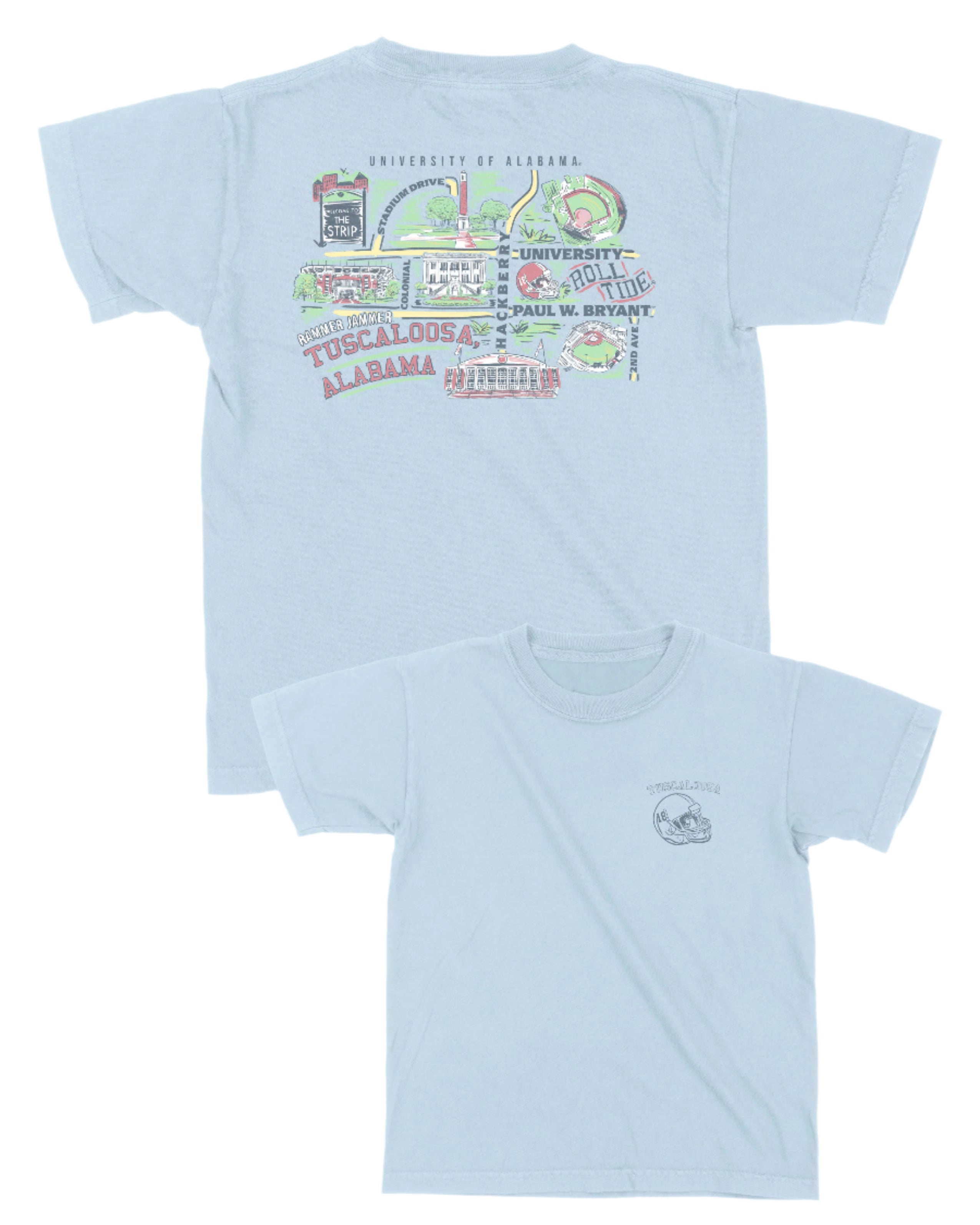 University of Alabama Tuscaloosa Chambray Comfort Colors Youth T-Shirt with a graphic map of The University of Alabama’s landmarks (Back)